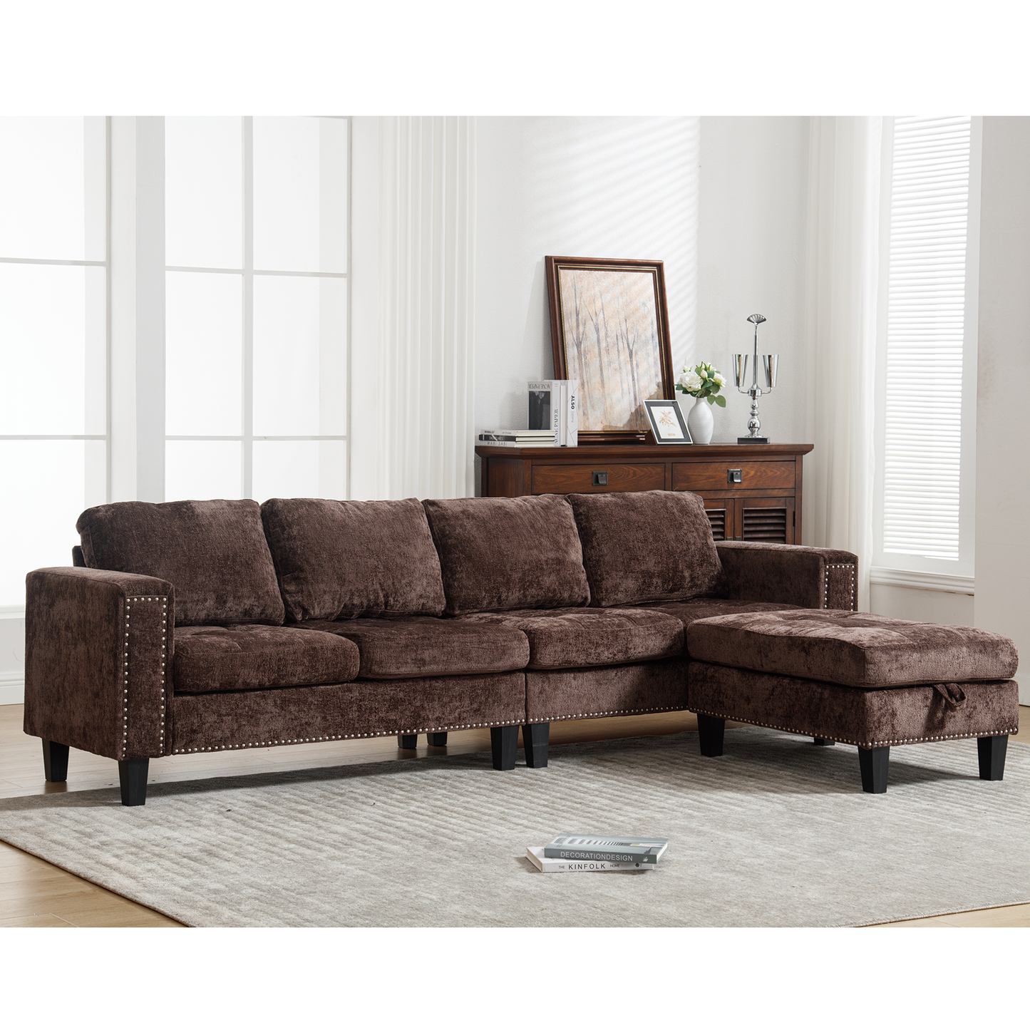 5 Seat Modular Sofa,with Storage Ottoman, Convertible Sectional Sofa, L Shaped Couch , Reversible Chaise ,Riveted Sofa