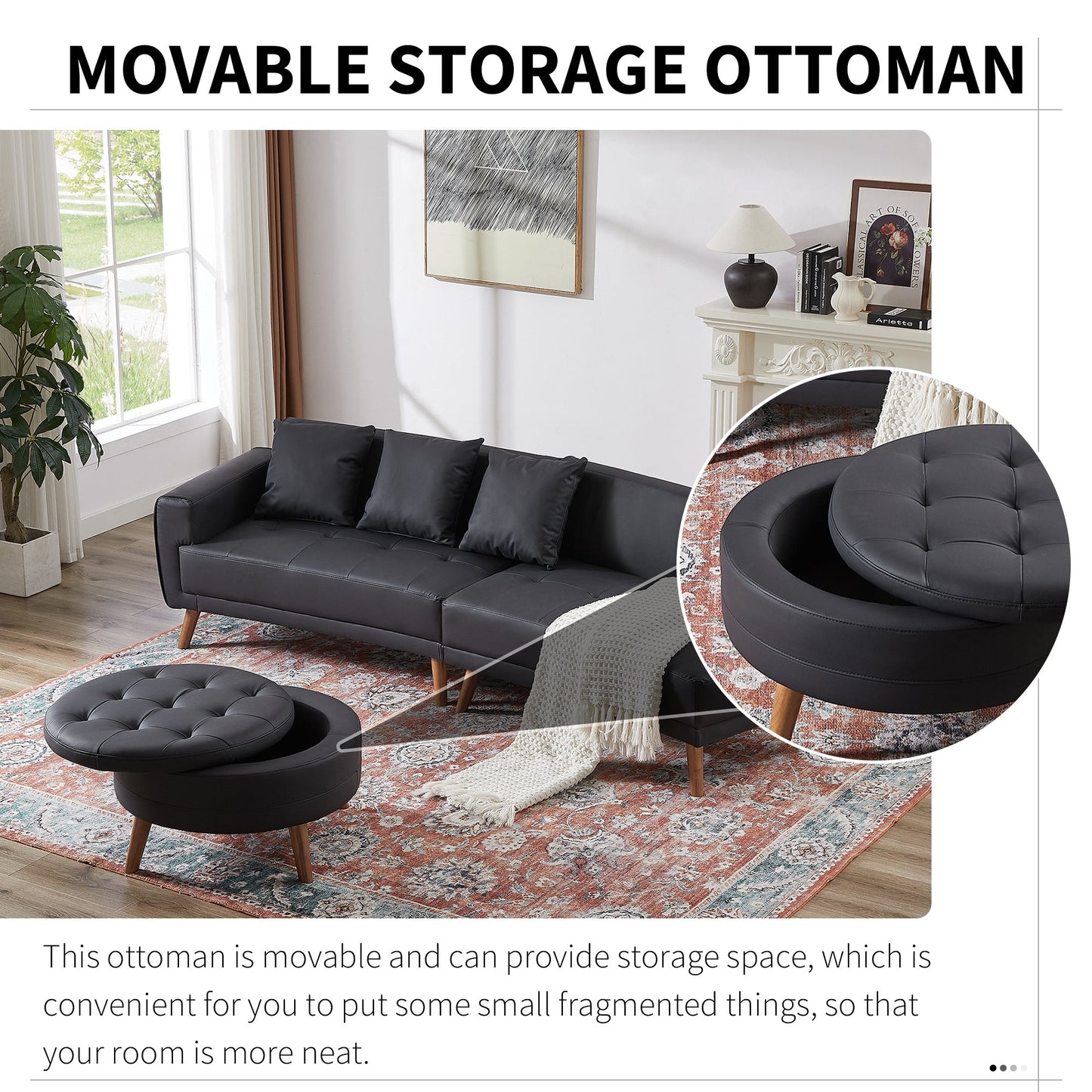107" Contemporary Sofa Stylish Sofa Couch With a Round Storage Ottoman and Three Removable Pillows for Living Room, Black
