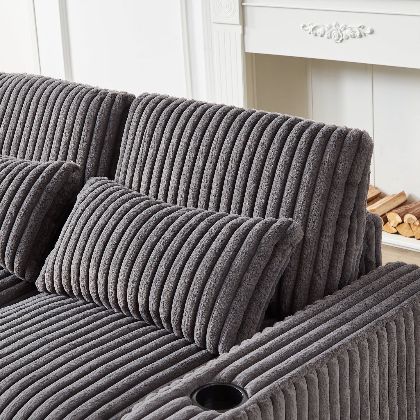 126-Inch Corduroy With Cup Holder Super Large L-Shaped Sofa, Movable Footrest, Four Waist Pillows and Four Back Cushion