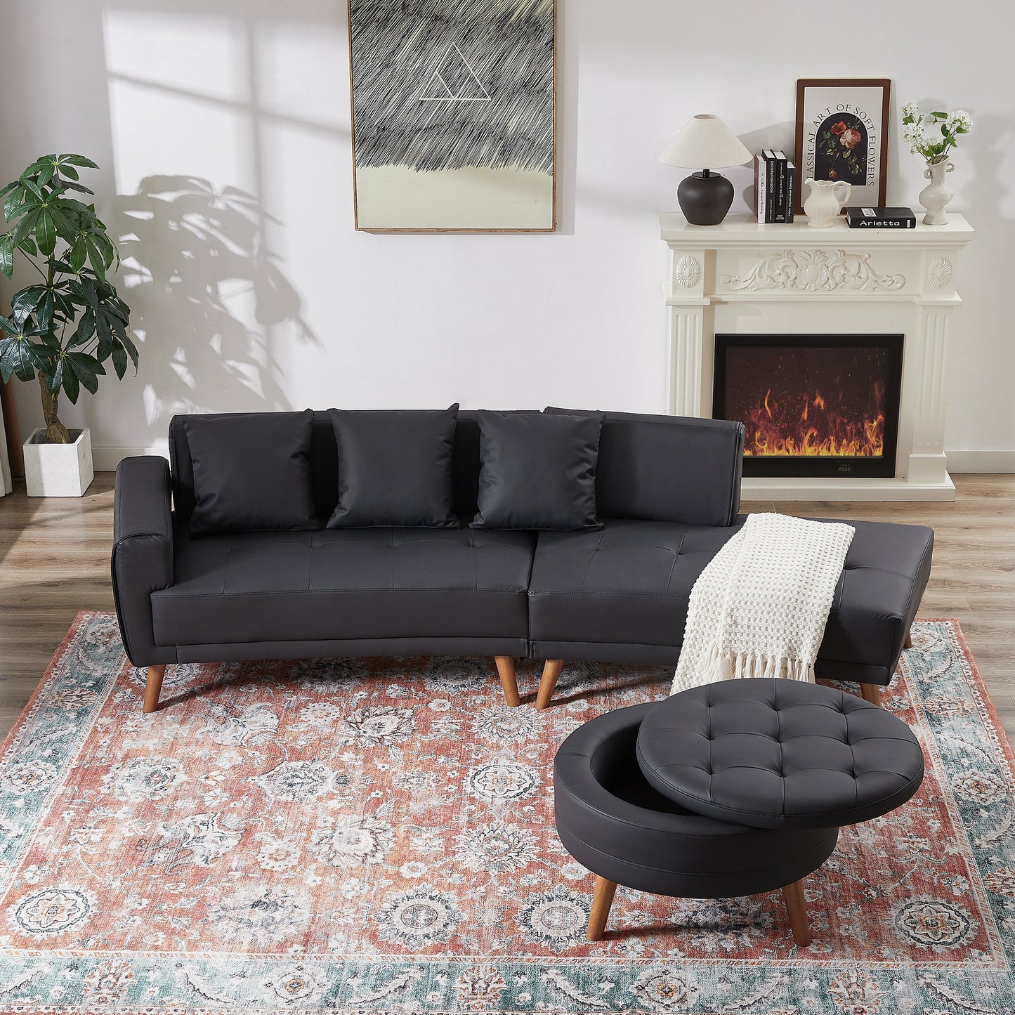 107" Contemporary Sofa Stylish Sofa Couch With a Round Storage Ottoman and Three Removable Pillows for Living Room, Black
