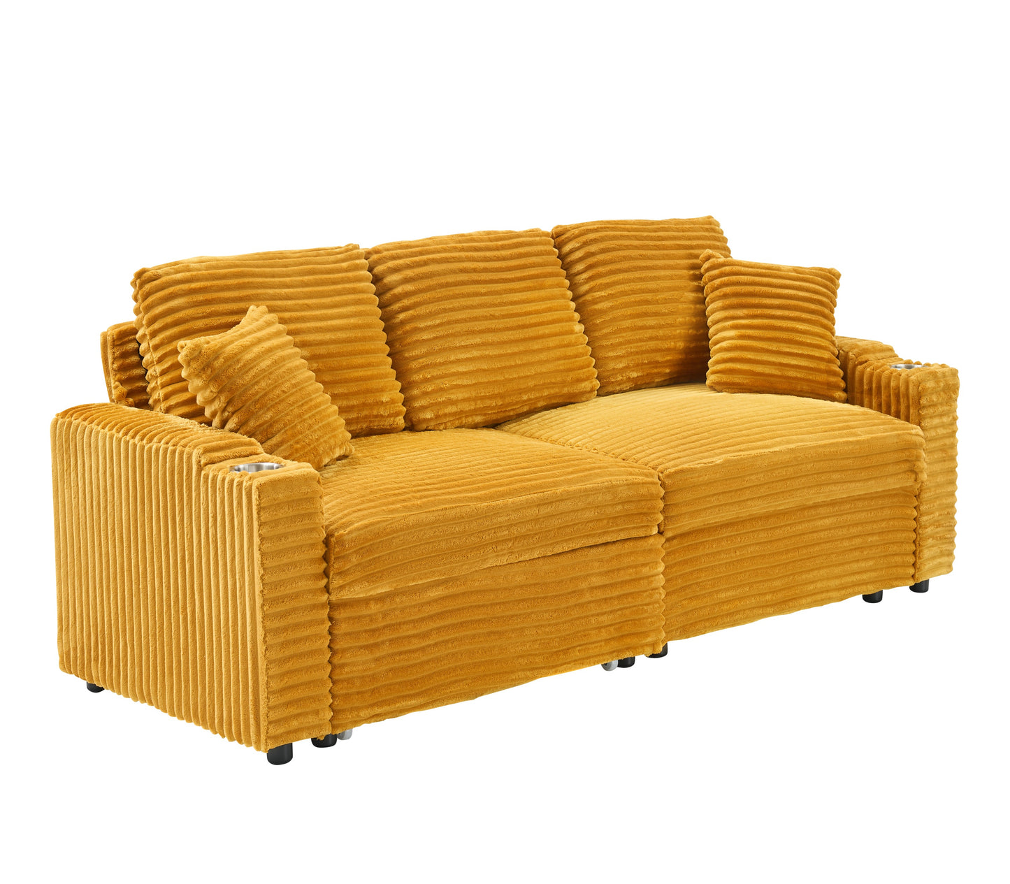 An 80-Inch Two-In-One Pull-Out, Foldable and Hidden Chaise Longue Orange Corduroy Sofa With Cup Holders and Pillows
