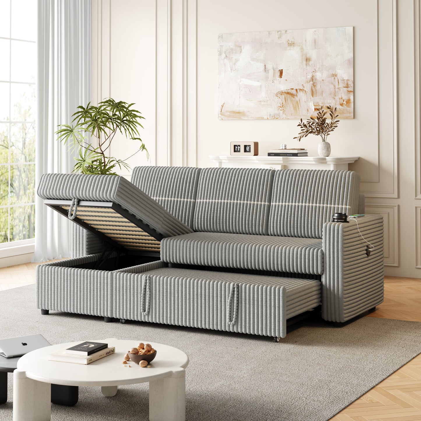85 Inches Corduroy Sofa Bed, 3 Seater Sleeper Sofa With Storage Chaise, Square Handrail With Two Cup-Holder and USB Charger
