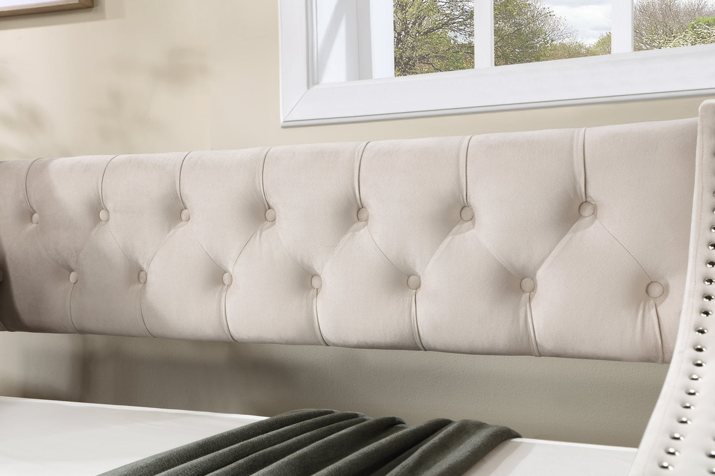 Daybed With Trundle Upholstered Tufted Sofa Bed, With Button and Copper Nail on Arms Full Size Beige
