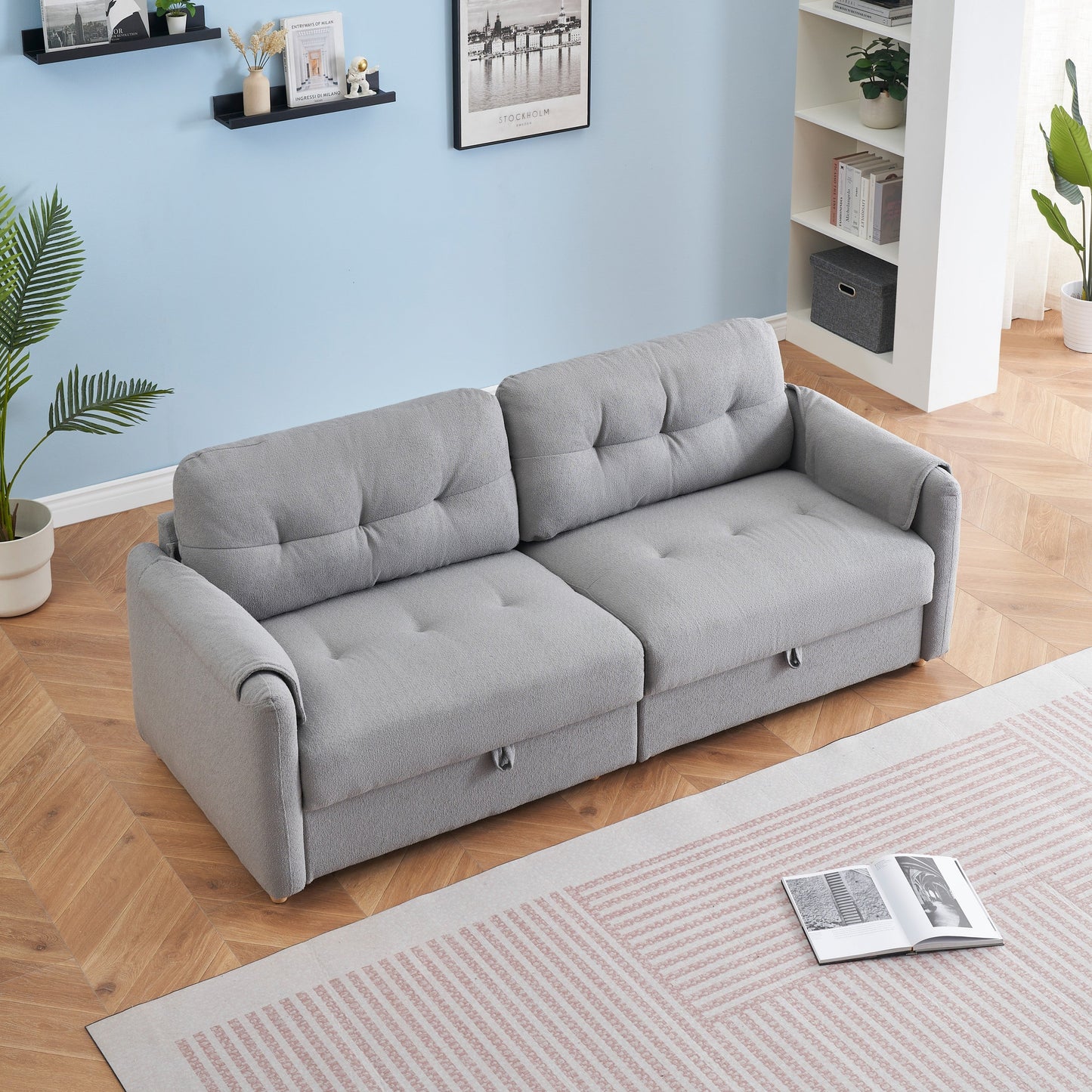 79.50 Inches Long, Teddy Cotton Linen Sofa Fabric, With Metal Conical Long Legs, Metal Strip Matching, Stylish