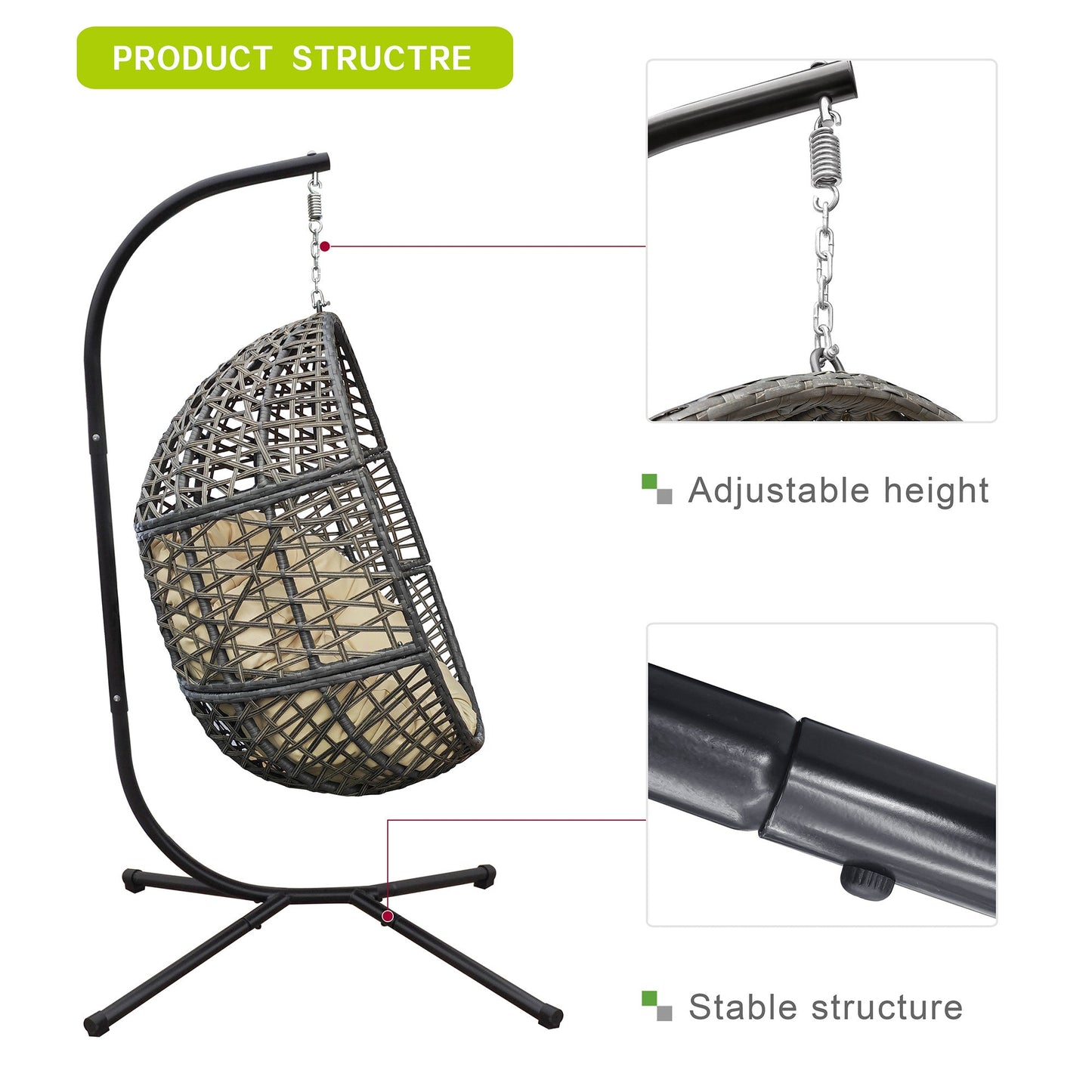 Wicker Hanging Swing Chair; Rattan Hanging Egg Chair With Durable Stand and Waterproof Cushion for Outdoor Garden