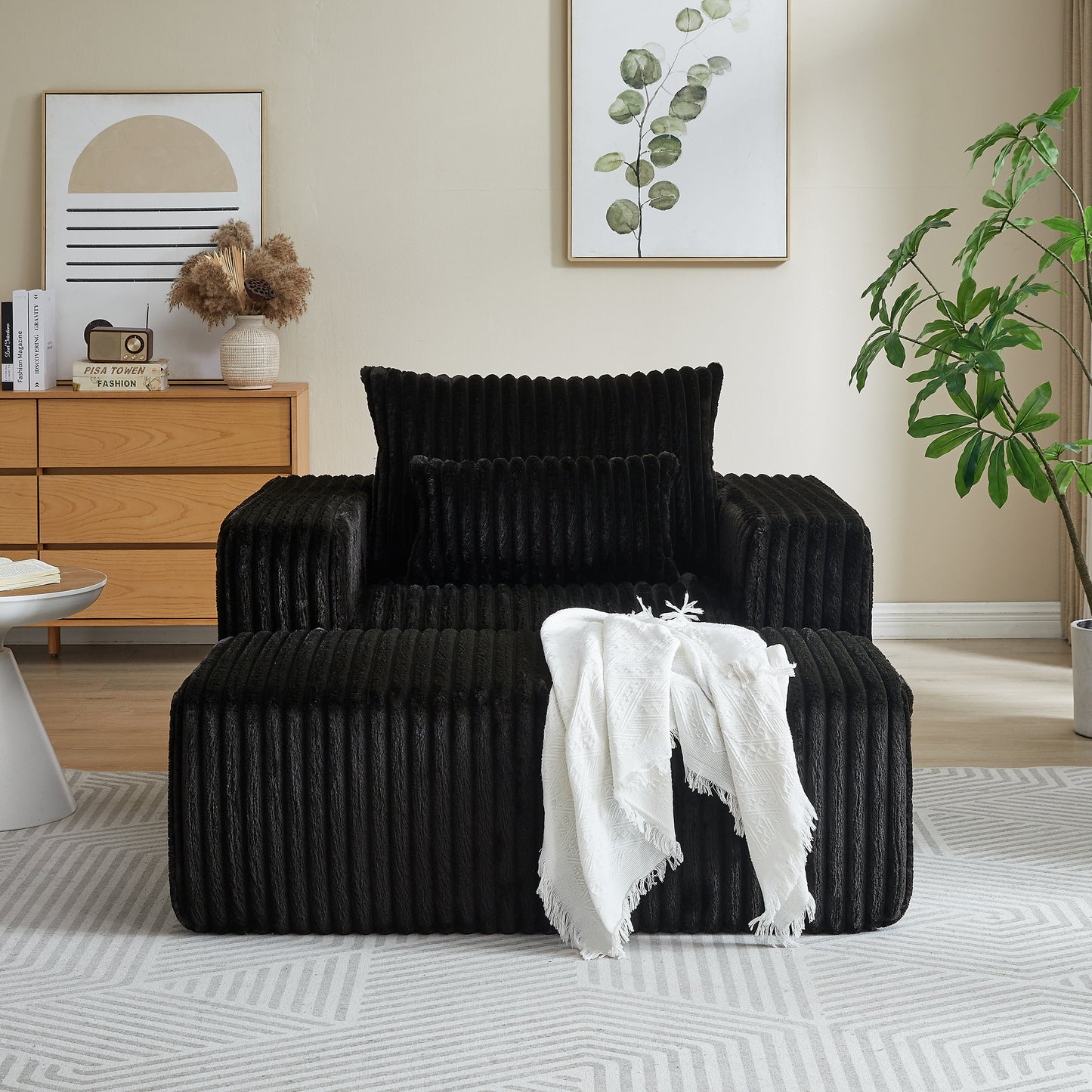 62.5-Inch Corduroy Sponge Sofa Lounge Chair With Removable Footrest,No Assembly Required,Fluffy Modern Sleeper Chair