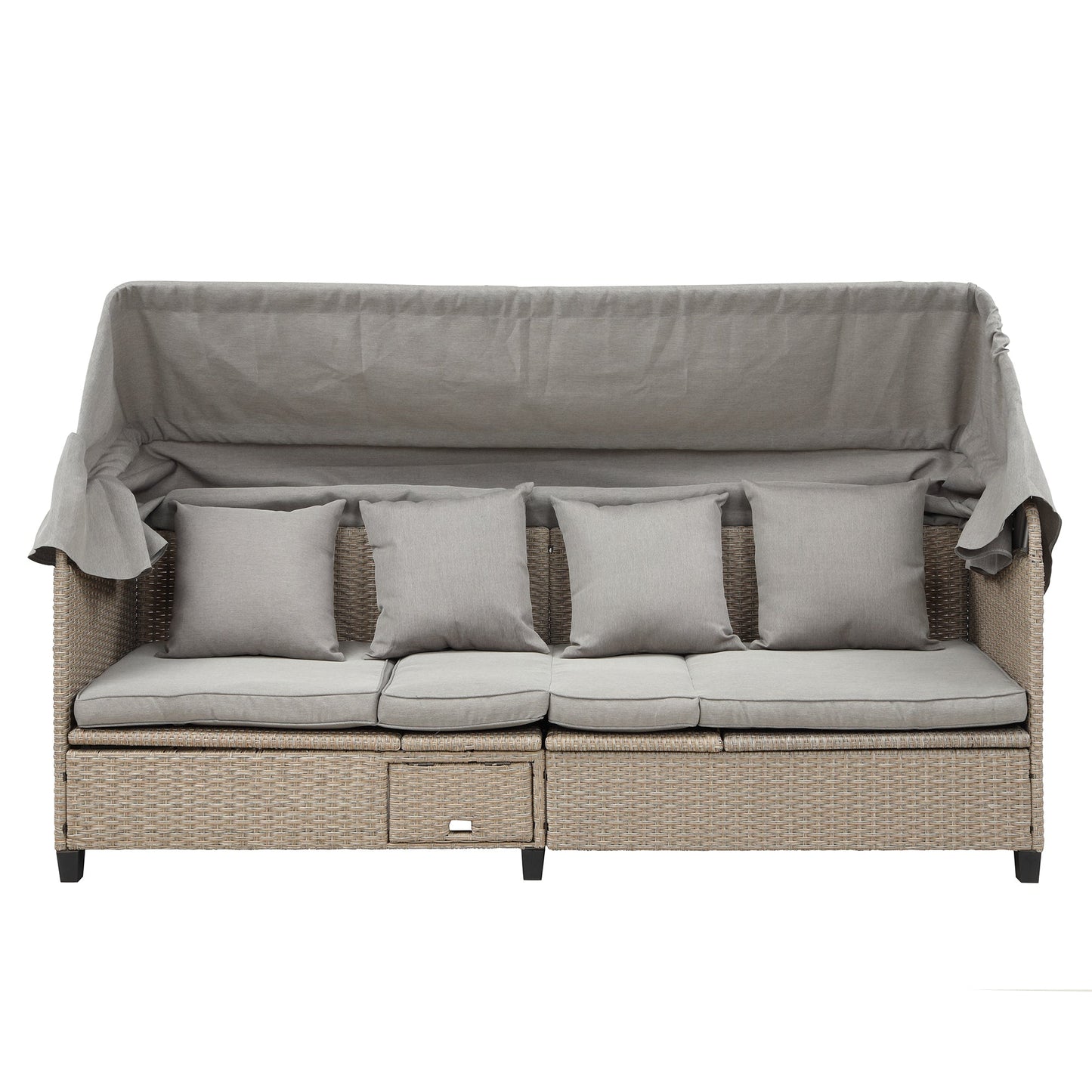 4 Piece UV-Proof Resin Wicker Patio Sofa Set With Retractable Canopy, Cushions and Lifting Table,Brown