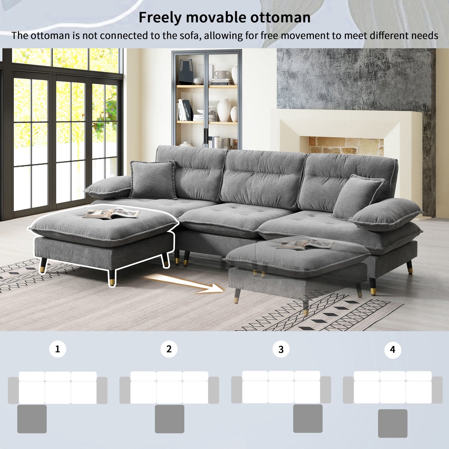 106*66.5" L Shaped Convertible Sectional Sofa,4 Seat Tufted Couch Set With Two-Tone Adjust Legs,Cloud Chenille Fabric