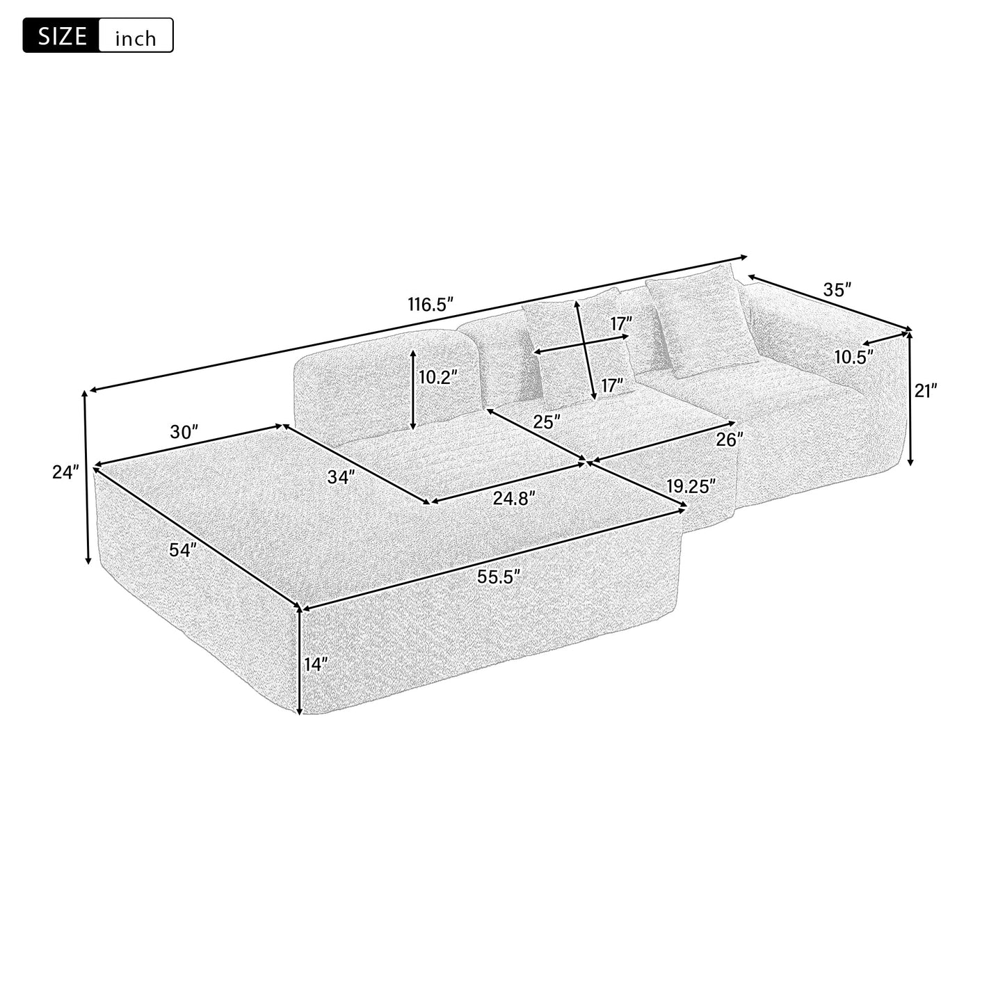 116.5" Sectional Sofa Full-Compressed Sofa Couch Free-Combined Sofa for Living Room, Beige