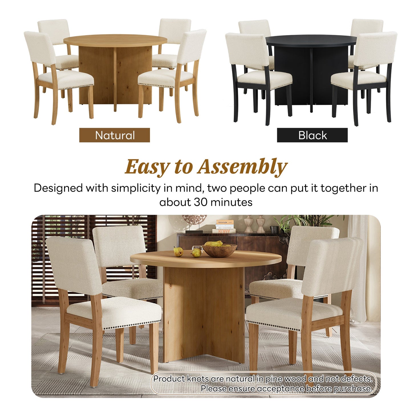 Modern 5-Piece Round Dining Table Set Pedestal Kitchen Table Set With 4 Upholstered Dining Chairs