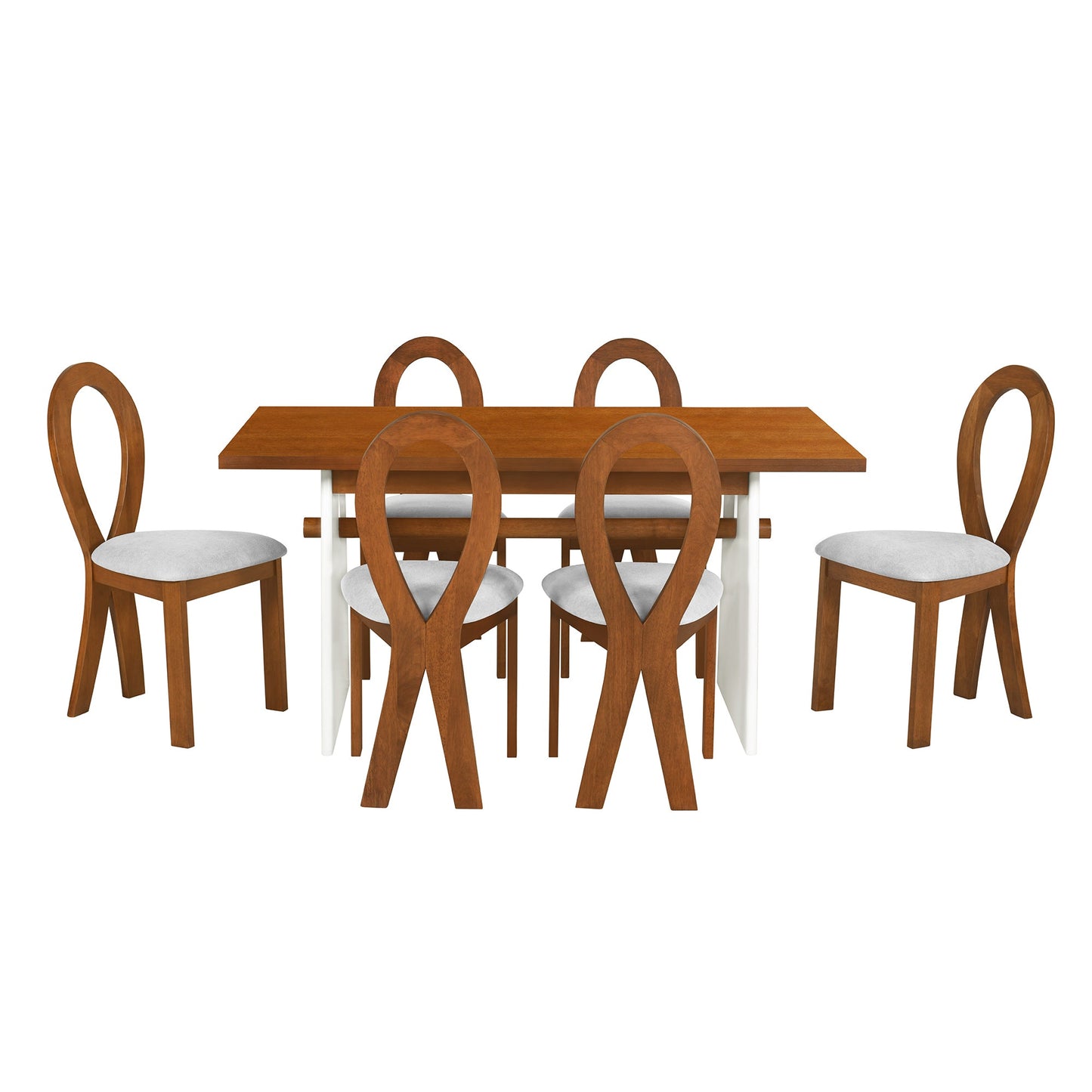 Modern 7-Piece Dining Table Set With Trestle Dining Table and 6 Upholstered Dining Chairs, Compact Kitchen Table