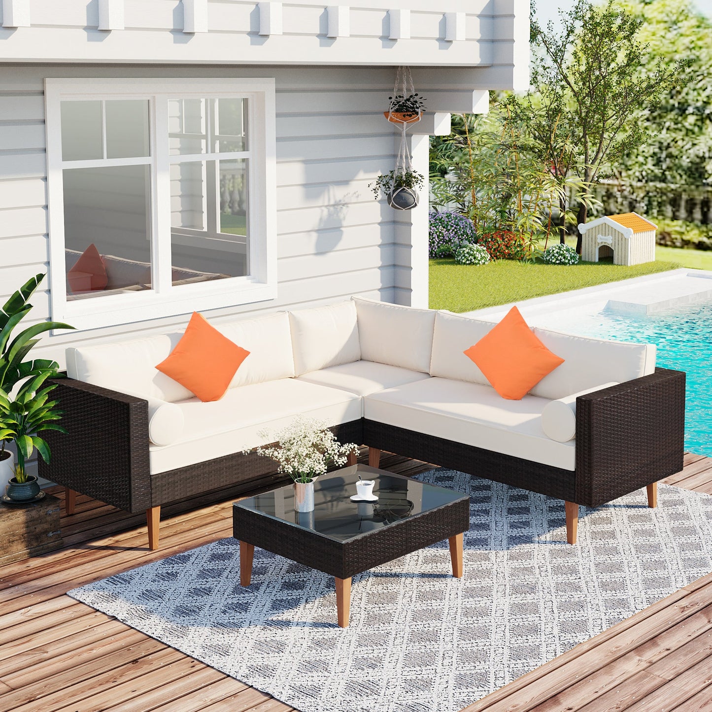4-Pieces Outdoor Wicker Sofa Set, Patio Furniture With Colorful Pillows, L-Shape Sofa Set
