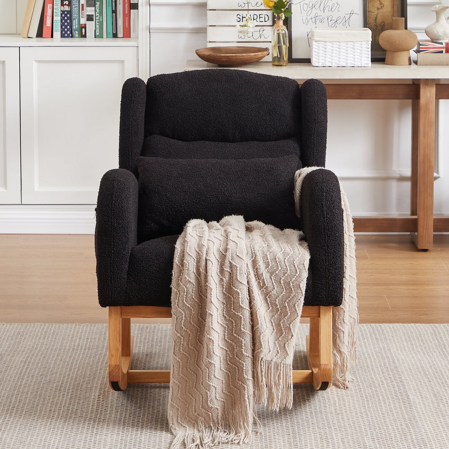 Modern Accent High Backrest Living Room Lounge Arm Rocking Chair, Two Side Pocket