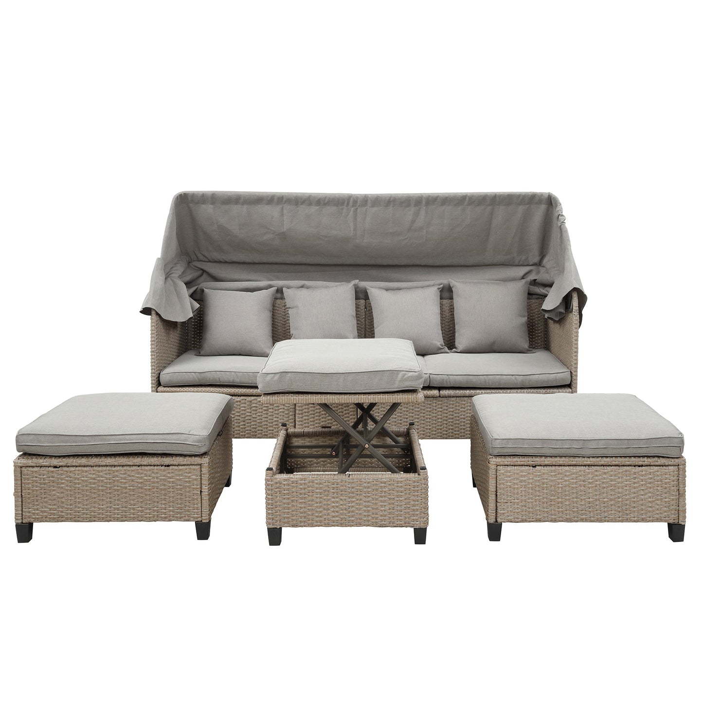 4 Piece UV-Proof Resin Wicker Patio Sofa Set With Retractable Canopy, Cushions and Lifting Table,Brown