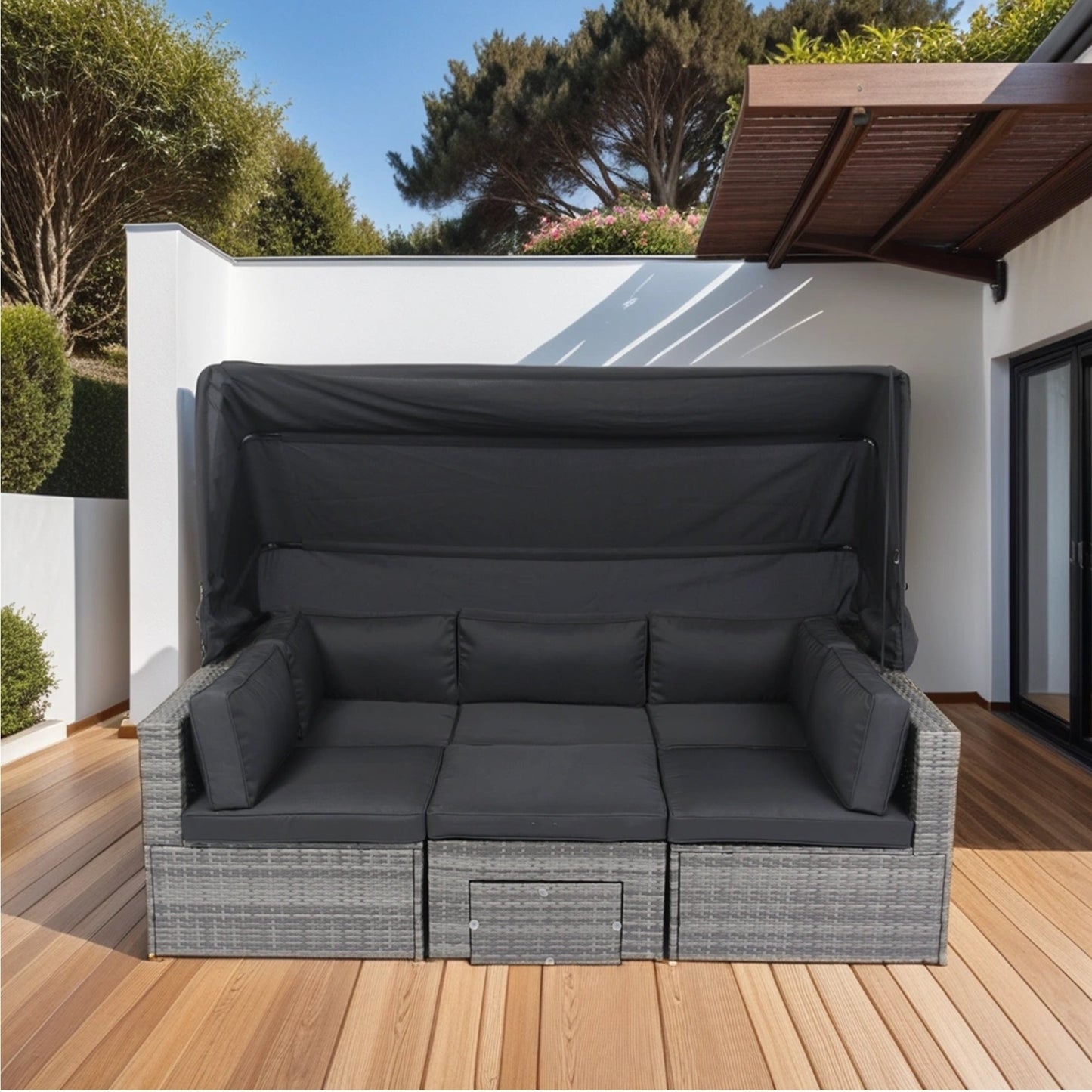 7-Piece Patio Furniture Set W/Retractable Canopy Wicker Rattan Sectional Sofa Set Patio Furniture With Washable Cushions