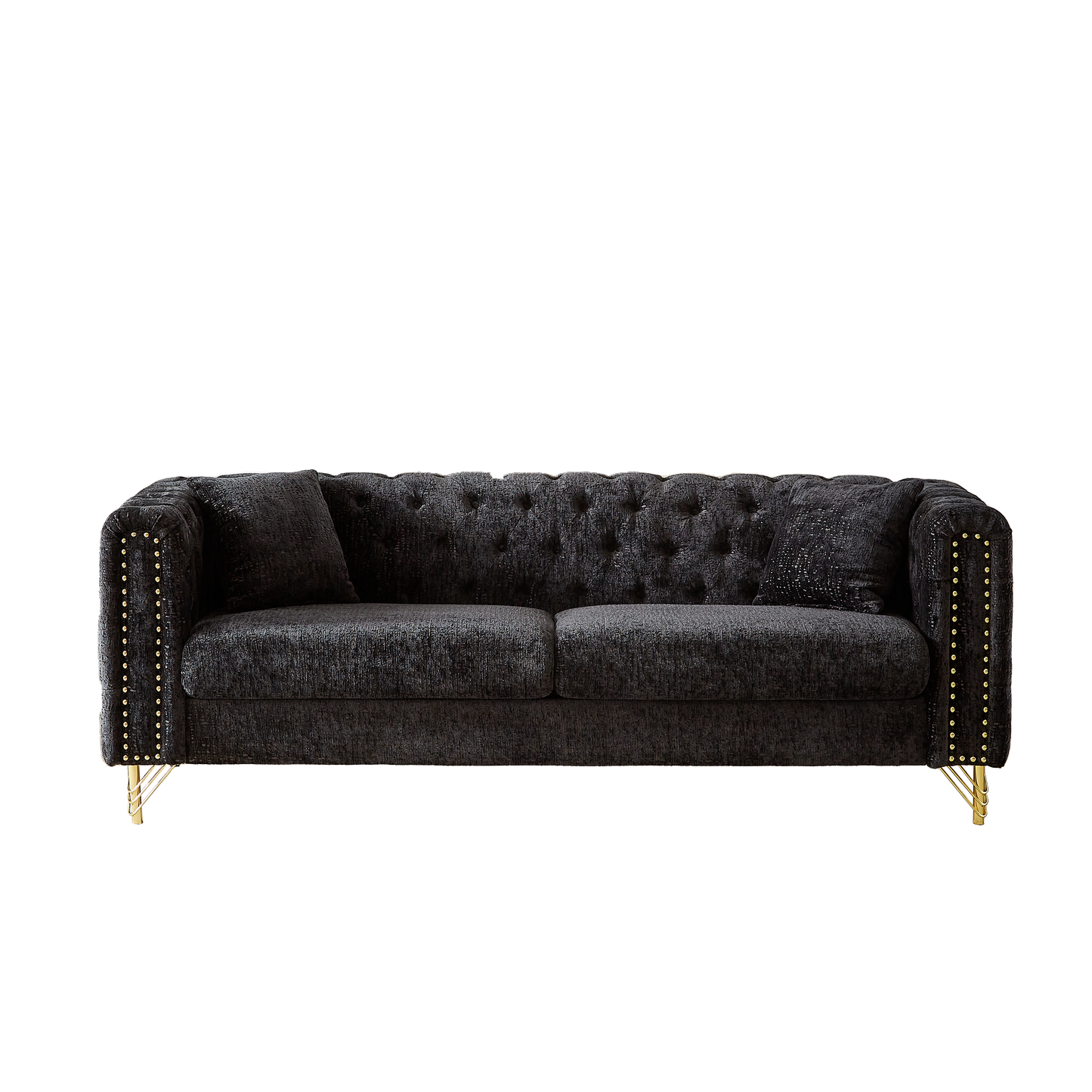82-Inch Chenille Pull Buckle Design Sofa for Living Room,Buttons Tufted With Copper Nail Decoration Armrest, Modern Couch