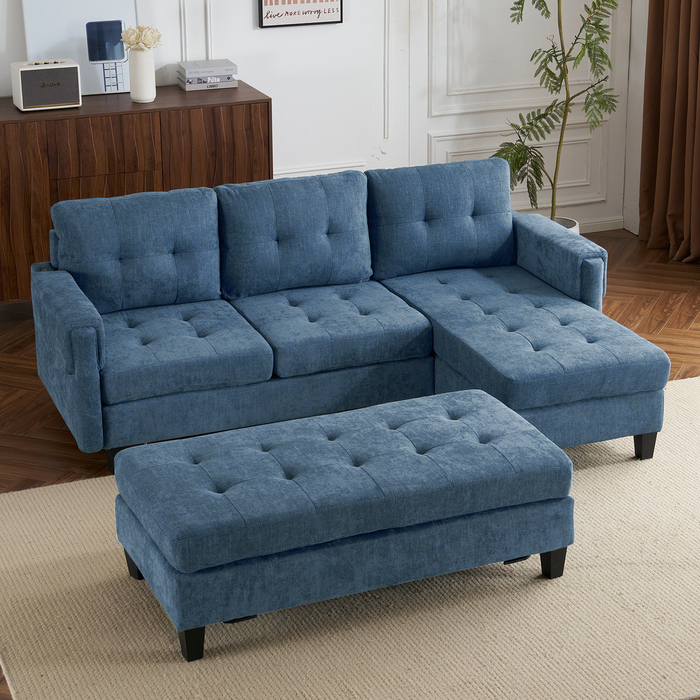 83.4" L-Shaped Sofa Sectional Couch Sofa Bed With Two USB Ports, a Movable Ottoman and a Reversible Chaise Lounge