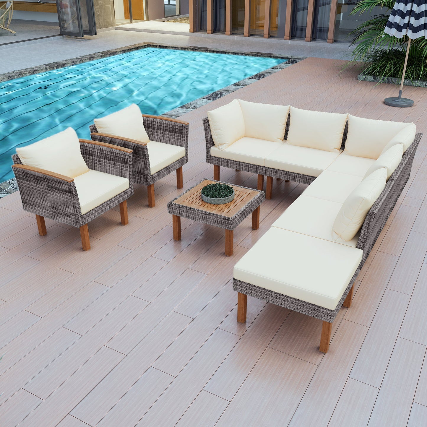 GO 9-Piece Patio Rattan Furniture Set, Outdoor Conversation Set With Acacia Wood Legs and Tabletop, PE Rattan Sectional