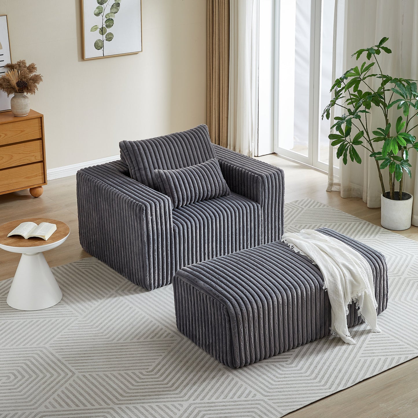 62.5-Inch Corduroy Sponge Sofa Lounge Chair With Removable Footrest,No Assembly Required,Fluffy Modern Sleeper Chair