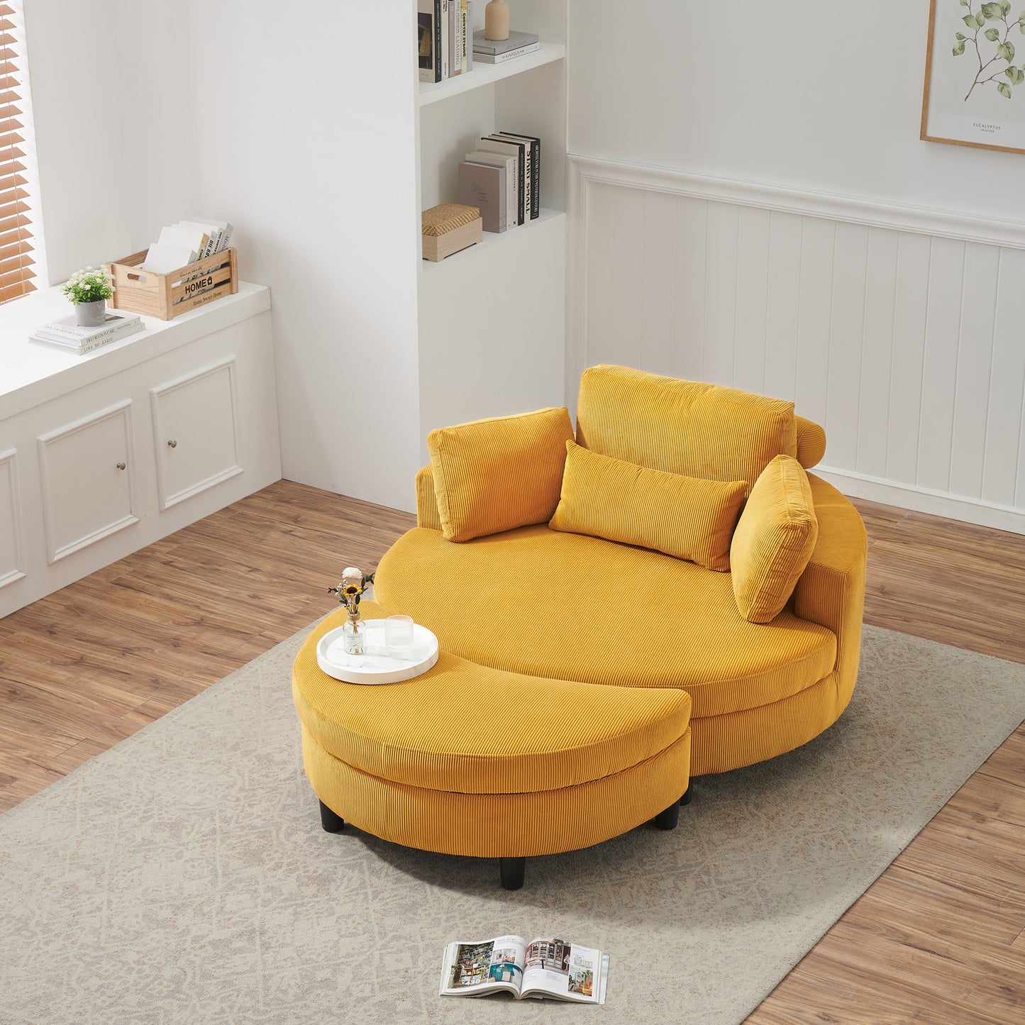 51-Inch Beige Corduroy Sofa With Two Throw Pillows and a Waist Pillow With an Extra Tray for Comfortable Seating