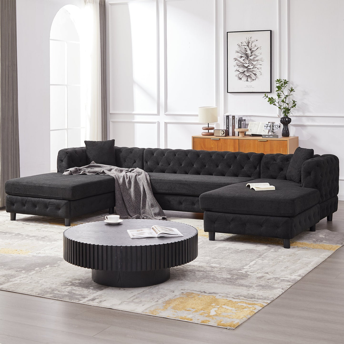 126-Inch Modern Style Chenille Three Piece Sofa, Pull Point Design U-Shaped Sofa Two Chaise Longue Seats, Two Pillows