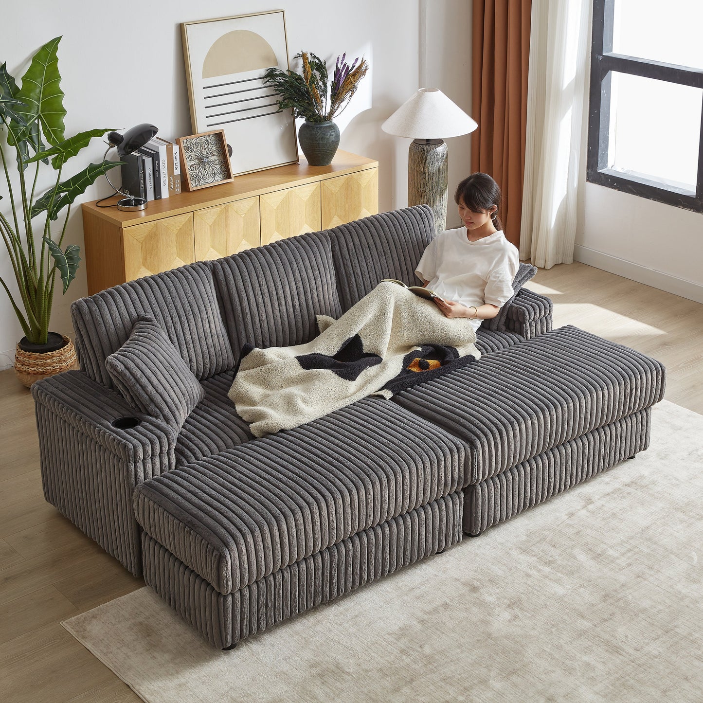 84Inch Corduroy 3-Seater Sofa With 3 Back Pillows ,2 Toss Pillows , a Ottoman ,2storage Spaces and Cup-Holding Grooves