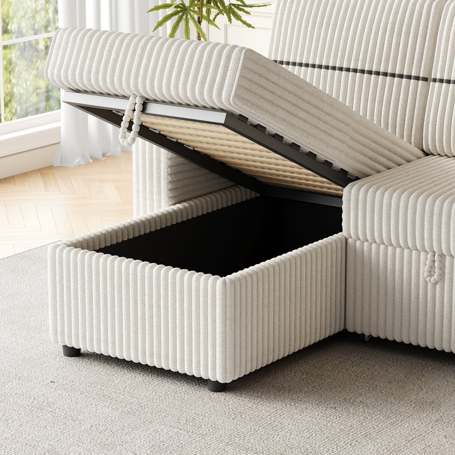 85 Inches Corduroy Sofa Bed, 3 Seater Sleeper Sofa With Storage Chaise, Square Handrail With Two Cup-Holder and USB Charger