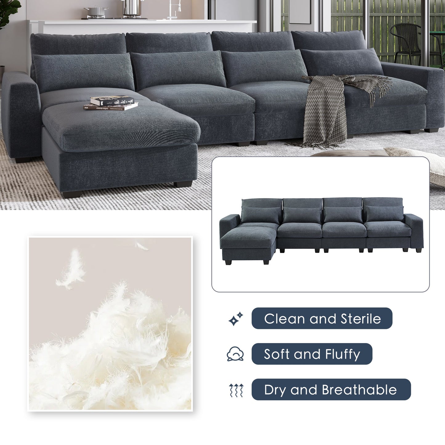 Modern Large L-Shape Feather Filled Sectional Sofa, Convertible Sofa Couch