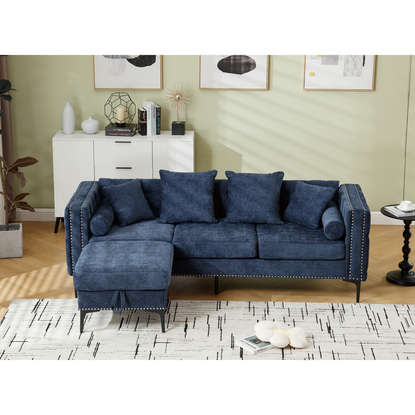 L Shaped Sectional Sofa , Convertible Storage Ottoman,Chenille ,Square Arm, Modern Tufted Couch ,3 Seater