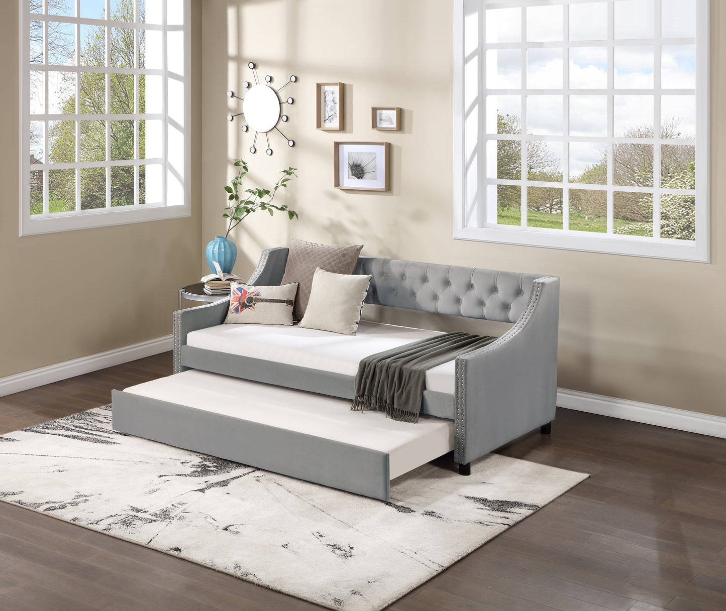 Daybed With Trundle Upholstered Tufted Sofa Bed, With Button and Copper Nail on Arms,full Size Grey