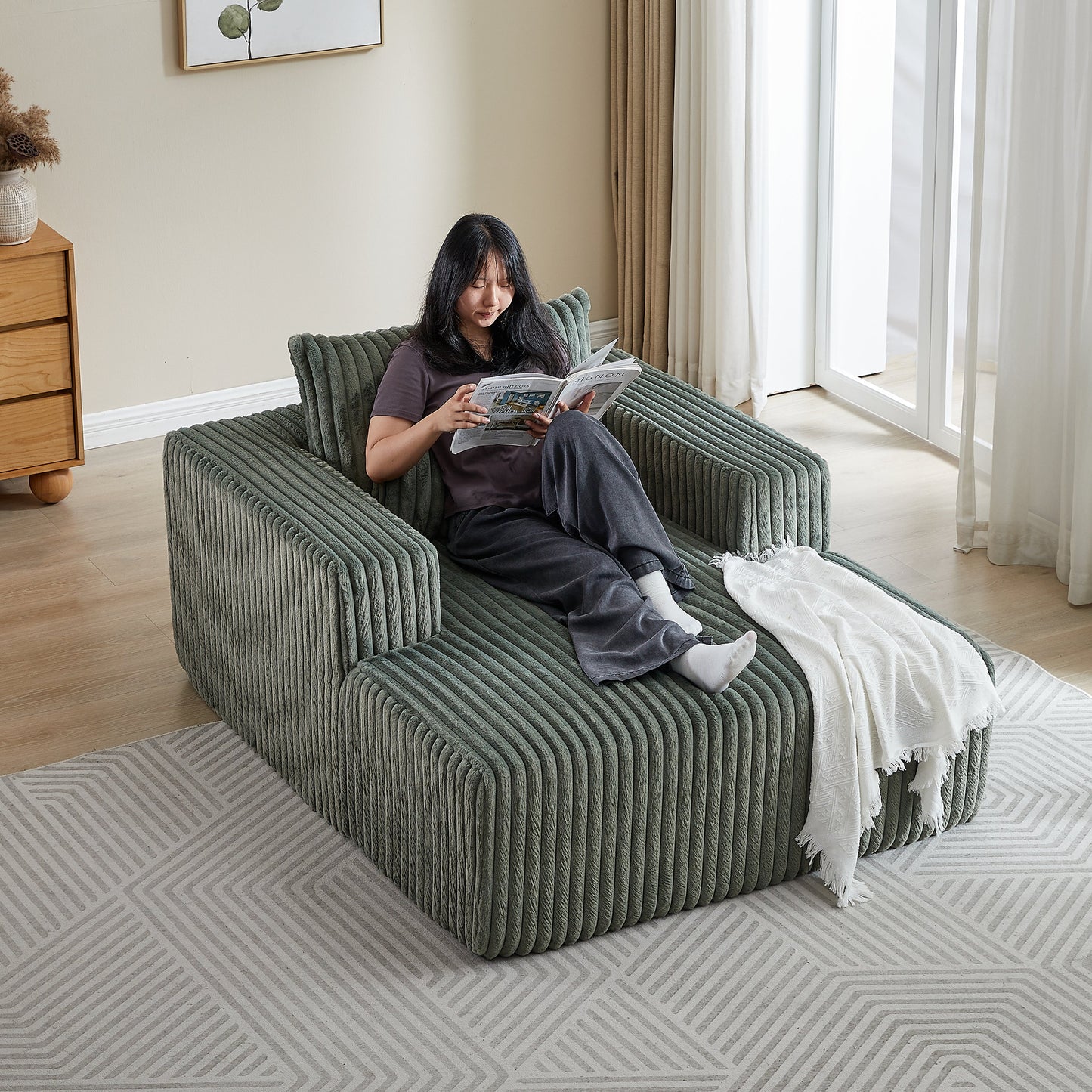 62.5-Inch Corduroy Sponge Sofa Lounge Chair,No Assembly Required,Fluffy Modern Sleeper Chair for Indoor Living Room