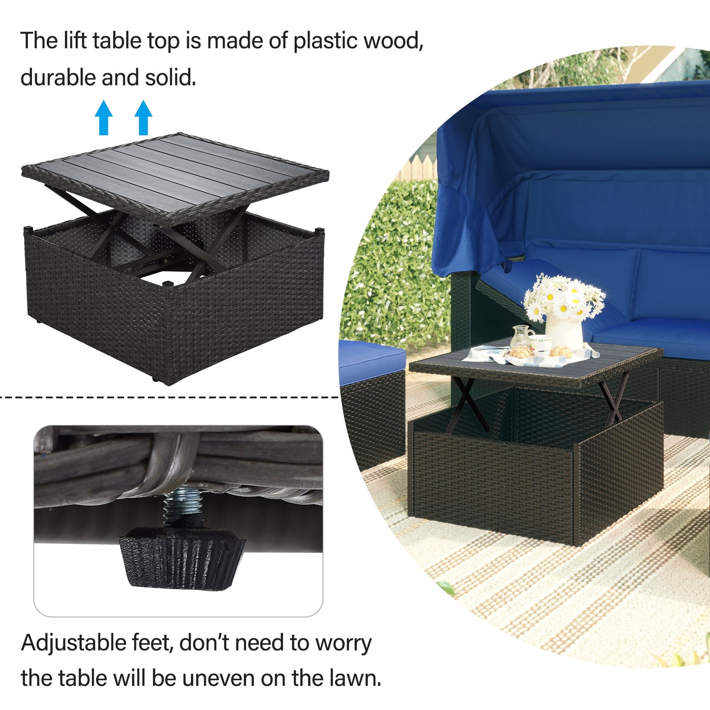 Outdoor Patio Rectangle Daybed With Retractable Canopy, Wicker Furniture Sectional Seating With Washable Cushions