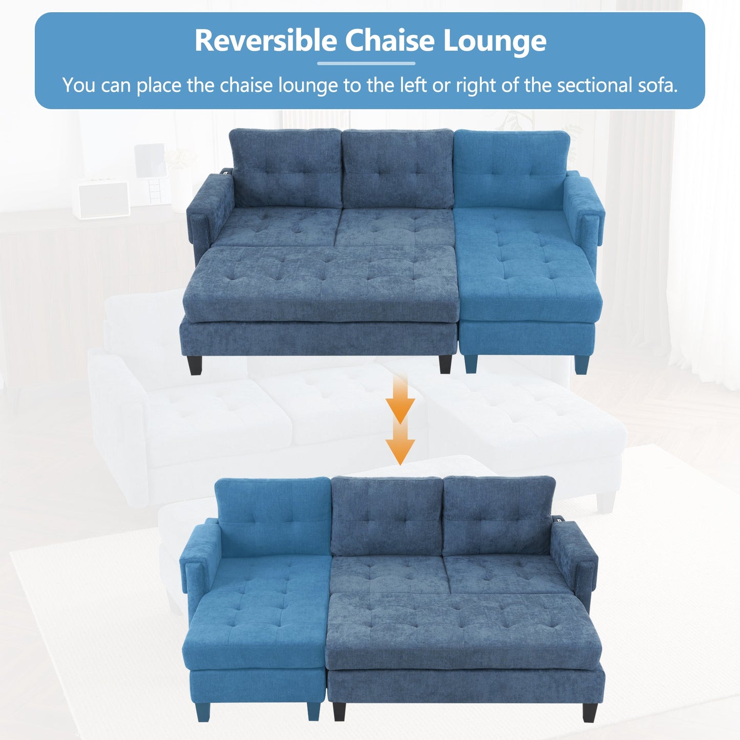 83.4" L-Shaped Sofa Sectional Couch Sofa Bed With Two USB Ports, a Movable Ottoman and a Reversible Chaise Lounge