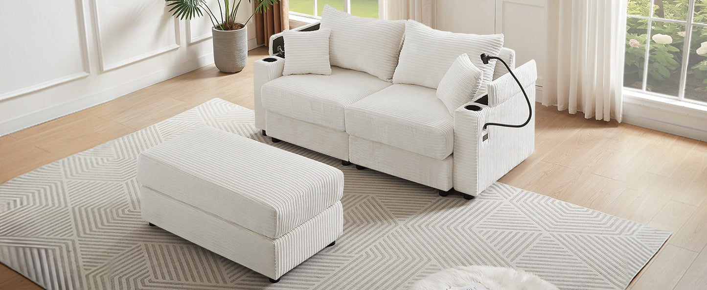72.8" Modern Style Loveseat Sofa Sectional Sofa Couch With Storage Space, a Movable Ottoman, Two USB Ports, Two Cup Hold