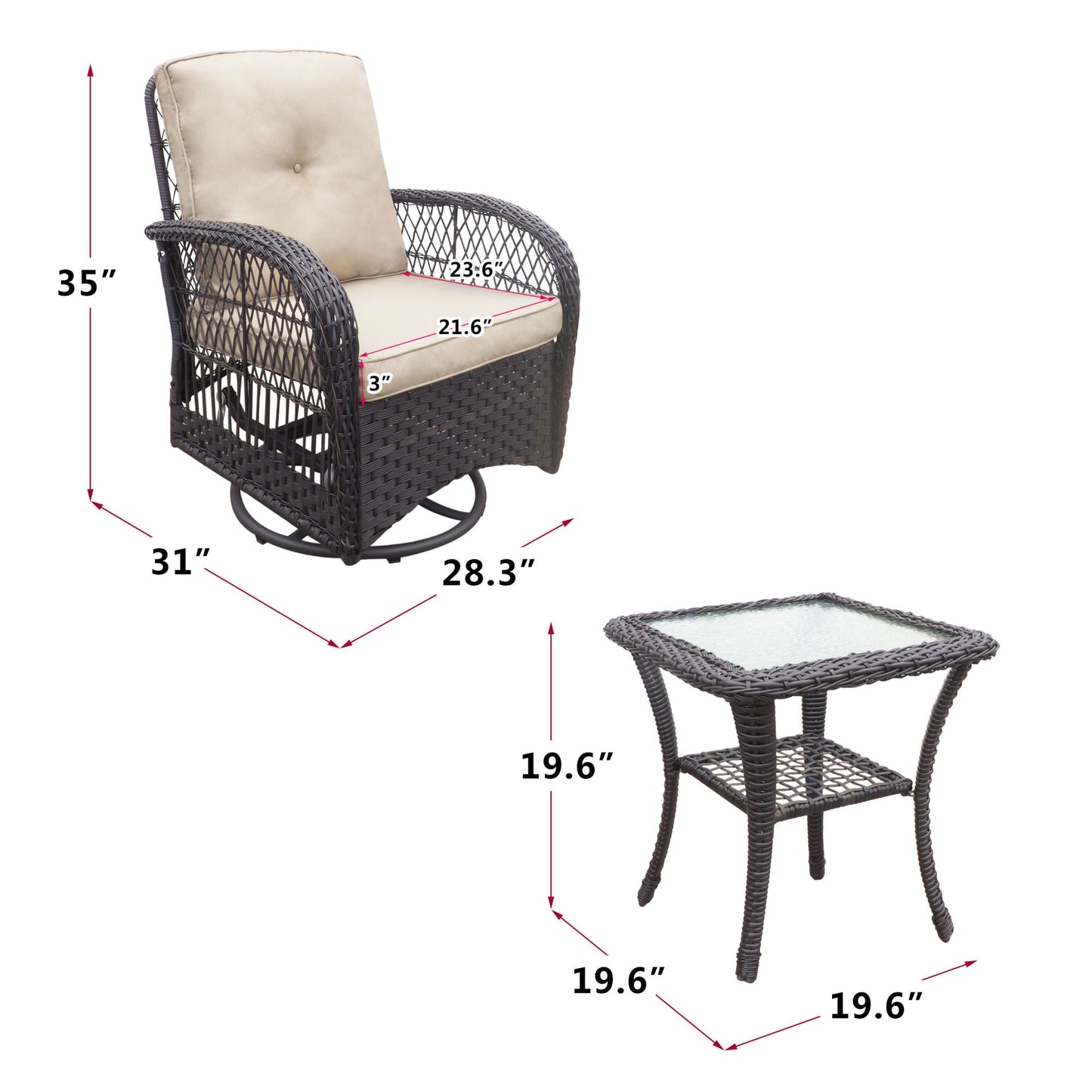 360-Degree Patio Wicker Swivel Rocker Chairs Set; Outdoor Rattan Rocking Bistro Sets With Cushions and Table