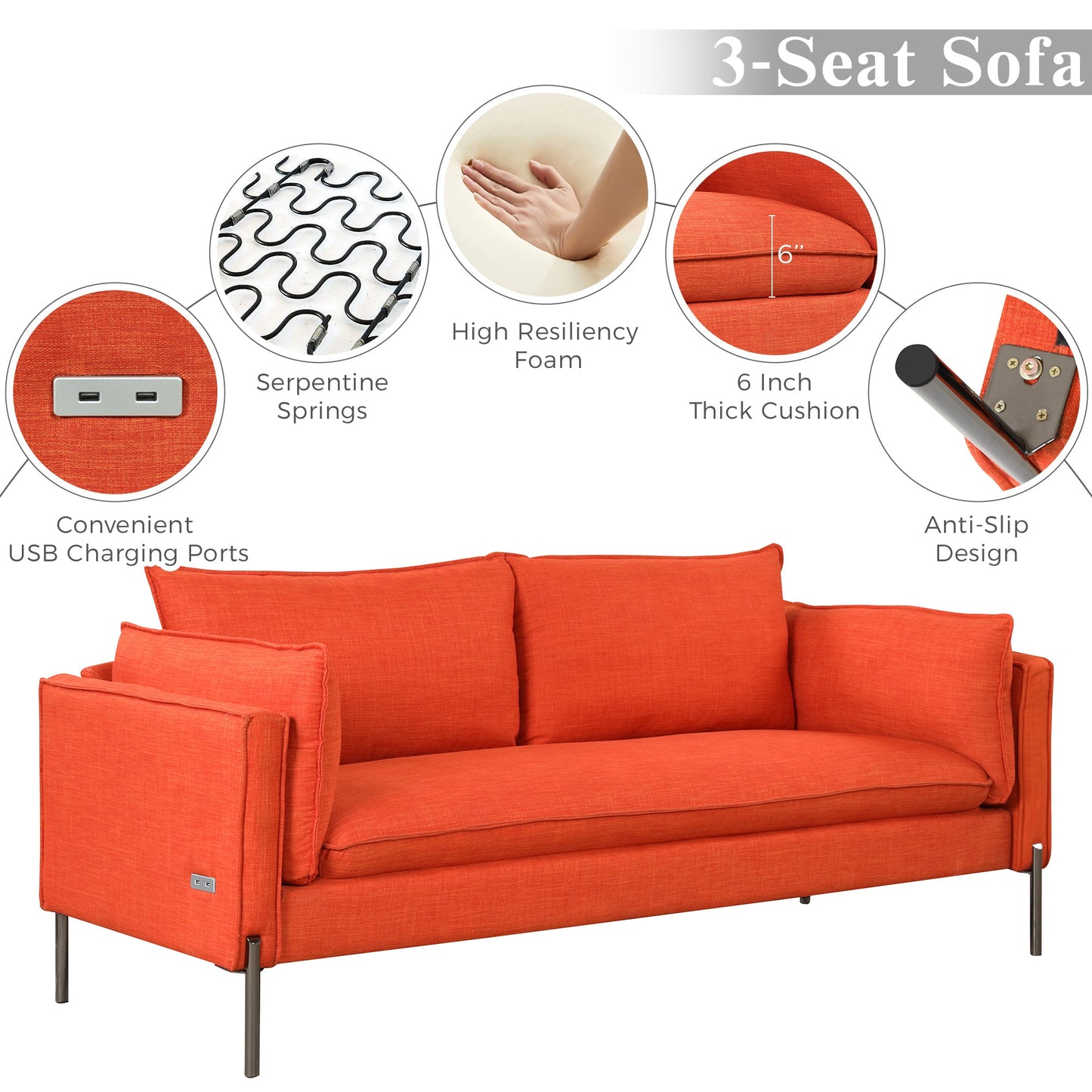 76.2" Modern Style 3 Seat Sofa Linen Fabric Upholstered Couch Furniture 3-Seats Couch for Different Spaces,Living Room