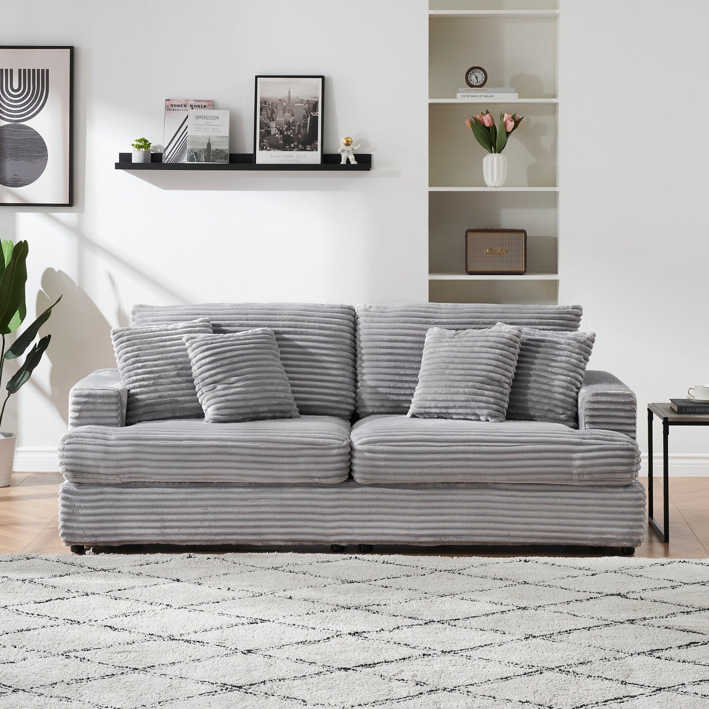 79.3 Inches Long, Corduroy Sofa, With 4 Matching Toss Pillows Sleek Design Spacious and Comfortable 3 Seater Couch