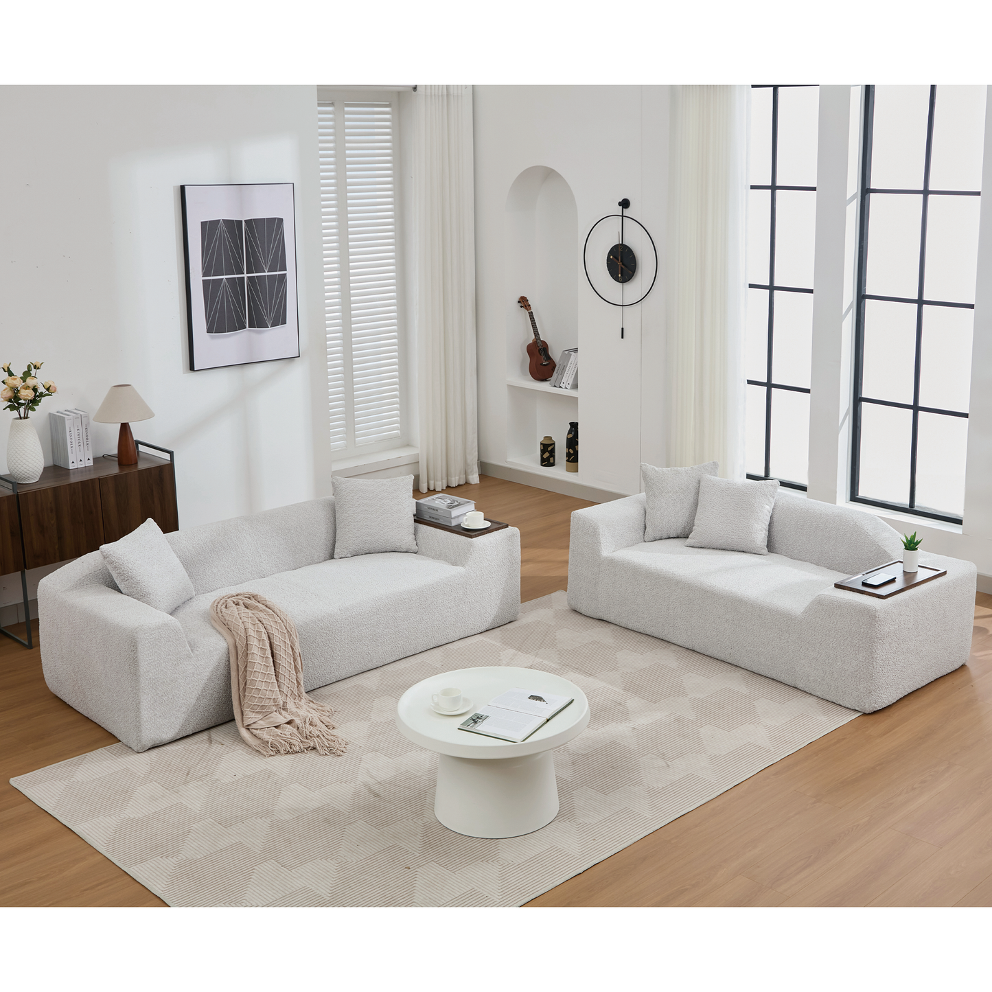 2 Piece Boucle Cloud Sofa Set, Upholstered Sofa Set, Modern 3 Seater and 2 Seater Sofa With MDF End Table for Living Room