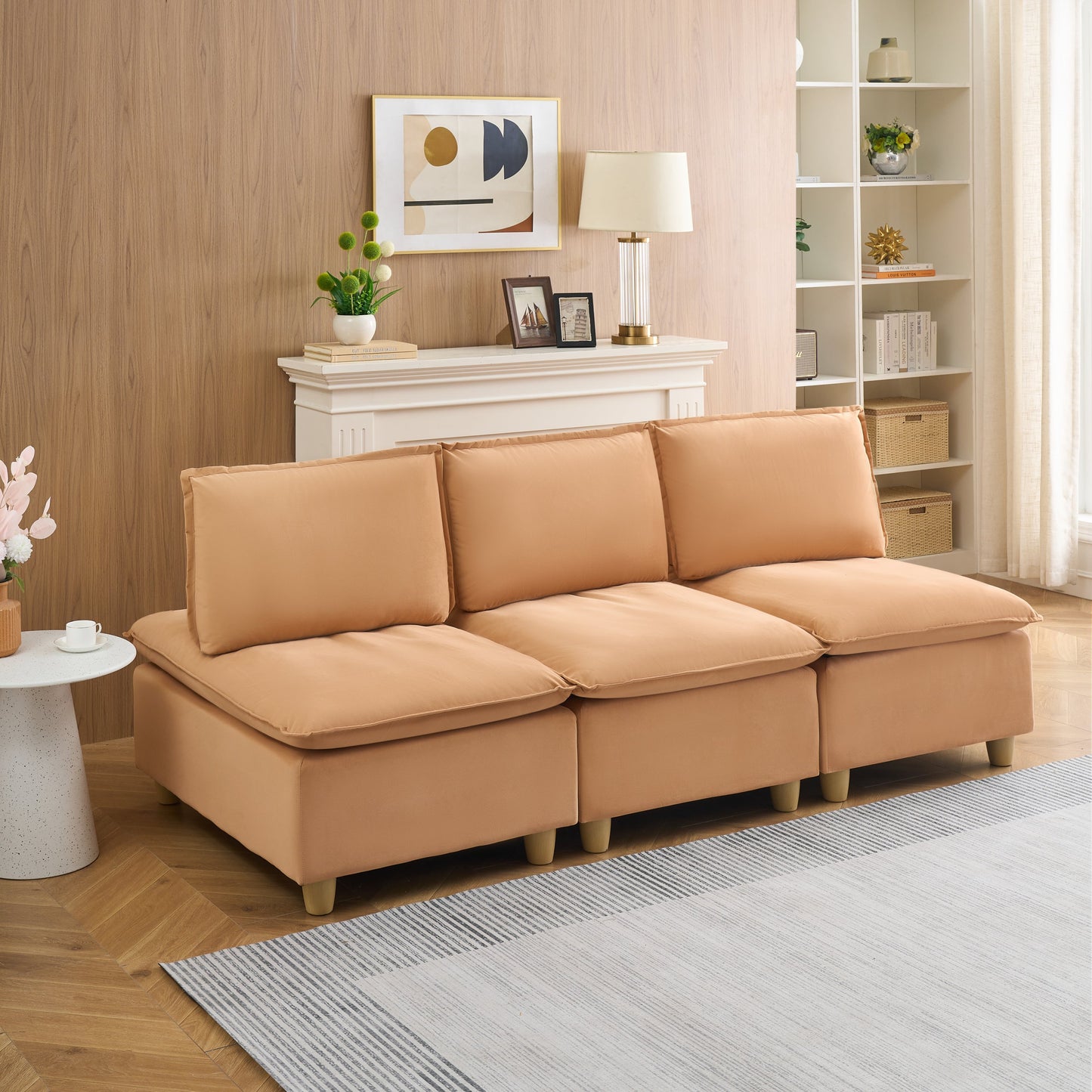 88-Inch Simple, Modern and Ultra-Comfortable Straight-Row Three-Seater Pumpkin-Colored Flannel Sofa
