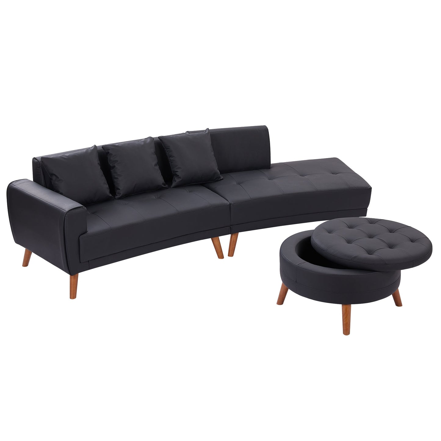 107" Contemporary Sofa Stylish Sofa Couch With a Round Storage Ottoman and Three Removable Pillows for Living Room, Black