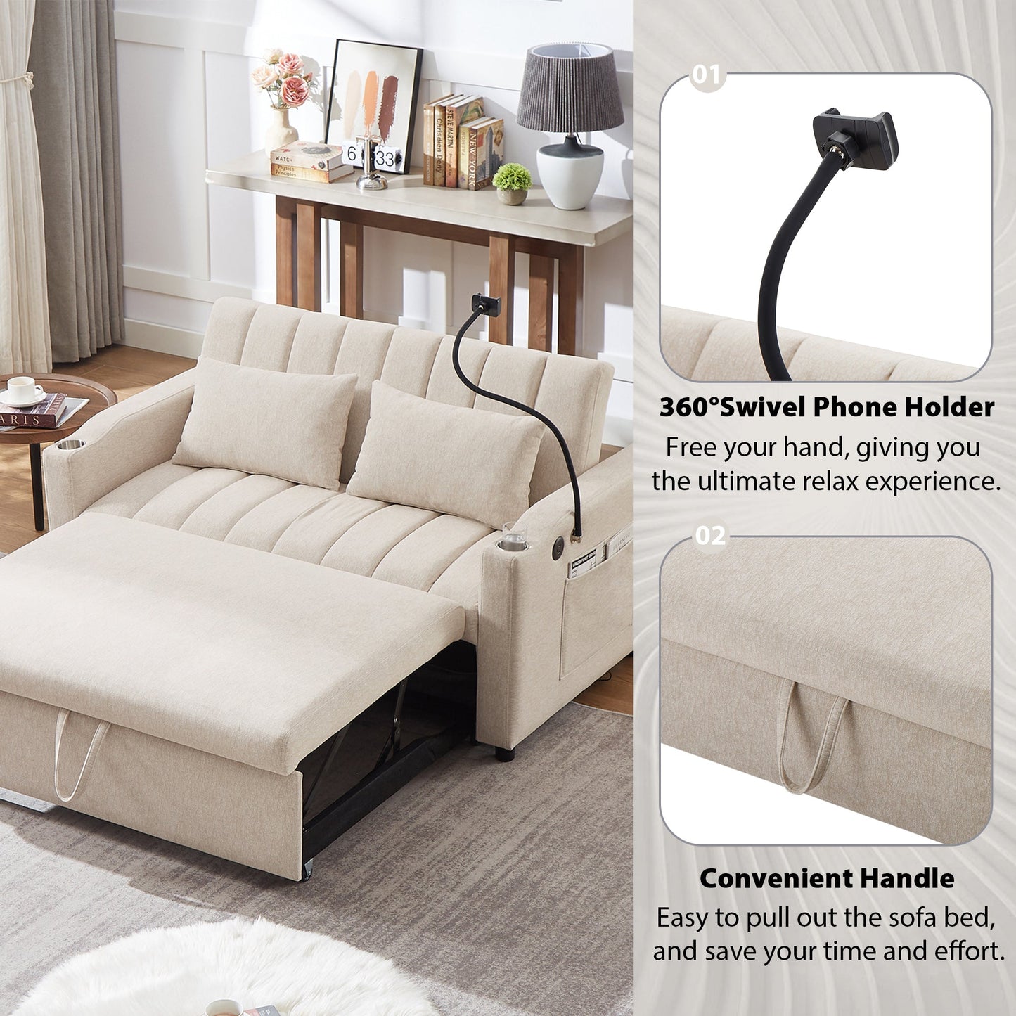 55.9" Convertible Sofa Bed Loveseat Sofa With Three USB Ports, Two Side Pockets, Two Cup Holders