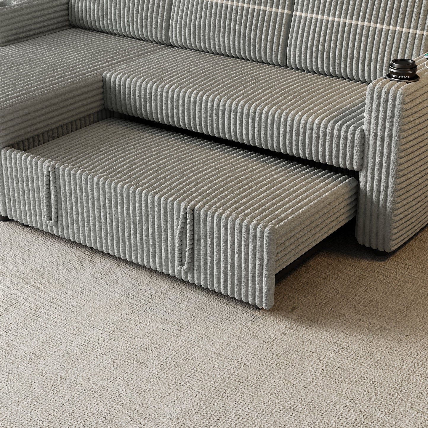 85 Inches Corduroy Sofa Bed, 3 Seater Sleeper Sofa With Storage Chaise, Square Handrail With Two Cup-Holder and USB Charger