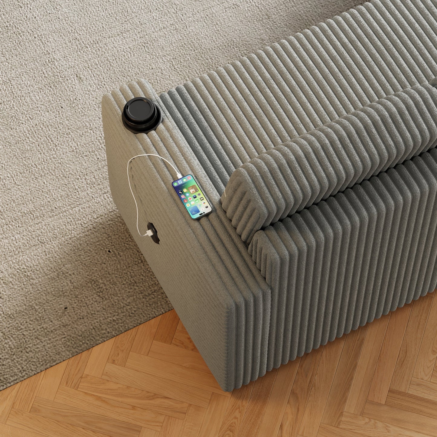 85 Inches Corduroy Sofa Bed, 3 Seater Sleeper Sofa With Storage Chaise, Square Handrail With Two Cup-Holder and USB Charger
