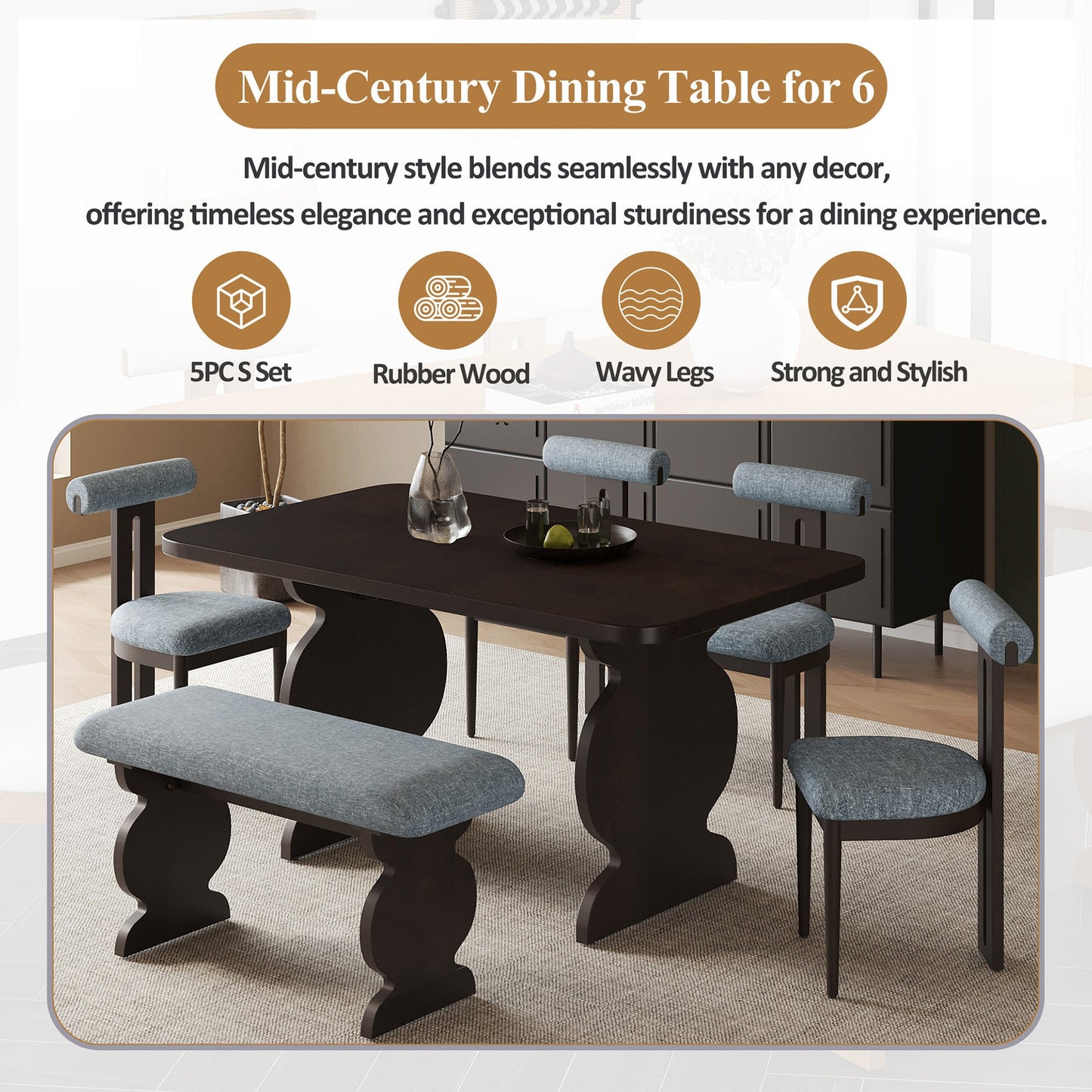 6-Piece Dining Set, Mid-Century Modern Table Set for 6 Persons With 4 Chairs and Bench, Padded Seats and Backrest