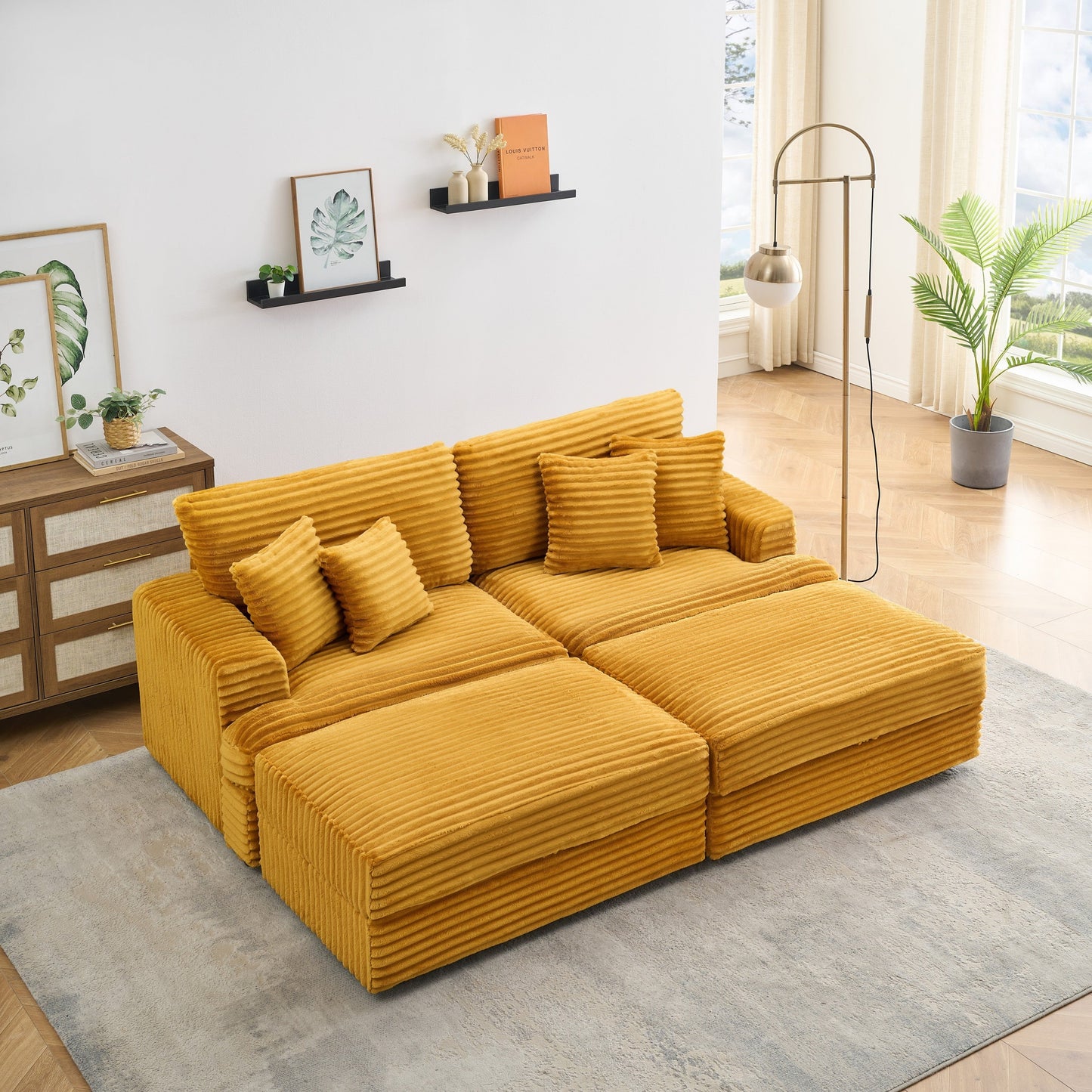 82 Inches Orange Corduroy Sofa, Two Storage Feet +4 Throw Pillows, Create a Living Room, Office Fashion New Darling