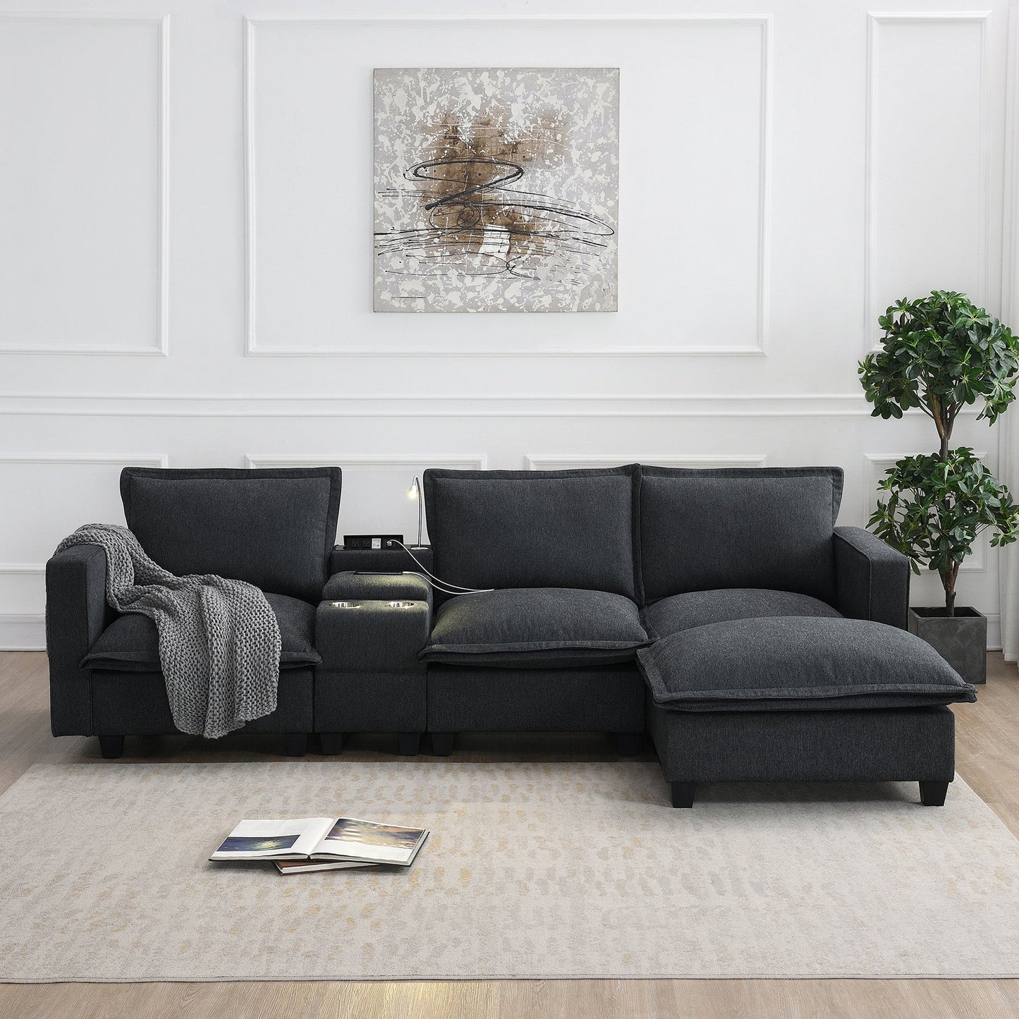109*57"Modern Sectional Cloud Sofa With Console,USB Charging Port,Reading Light,Cup Holder,4 Seat Chenille Modular Couch