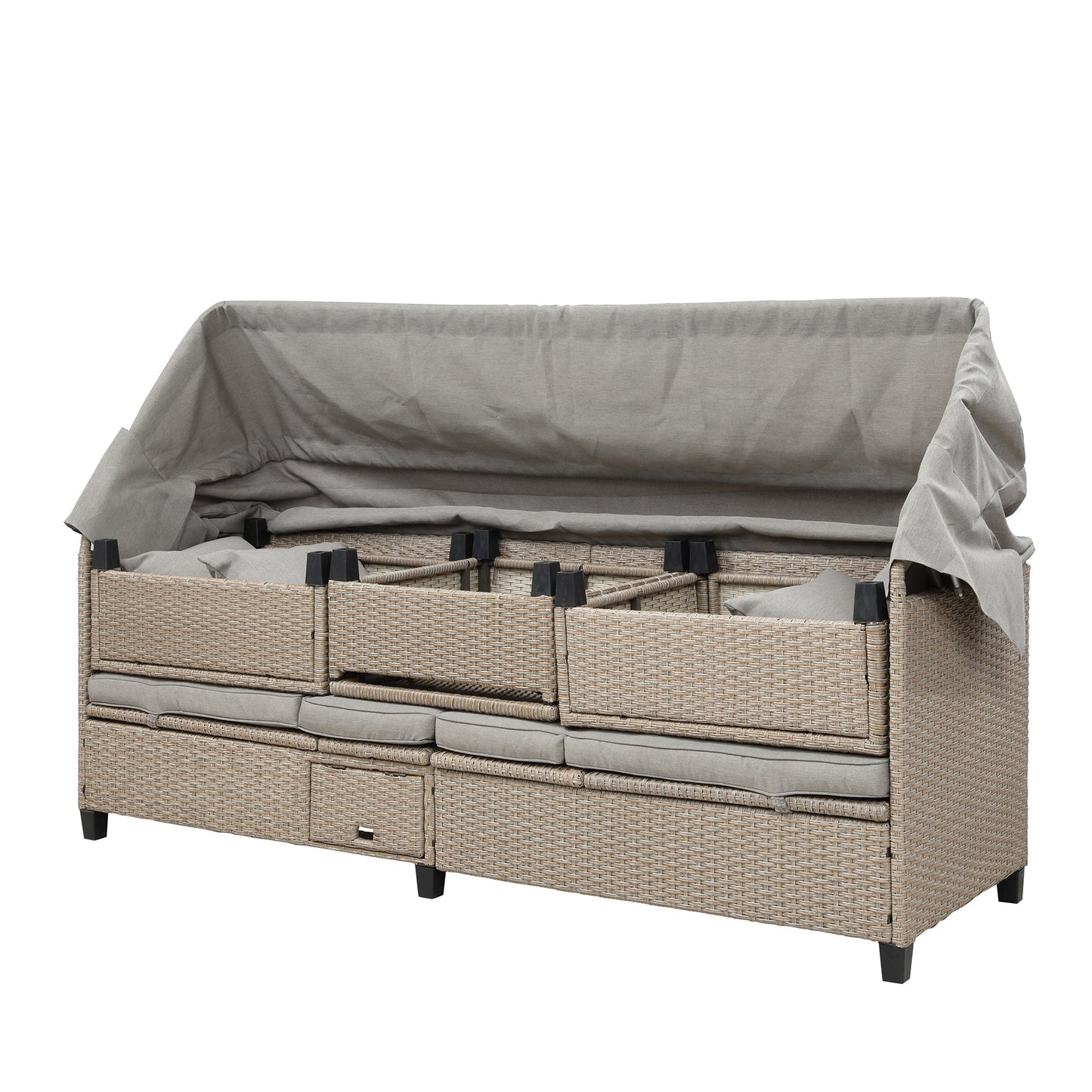 4 Piece UV-Proof Resin Wicker Patio Sofa Set With Retractable Canopy, Cushions and Lifting Table,Brown