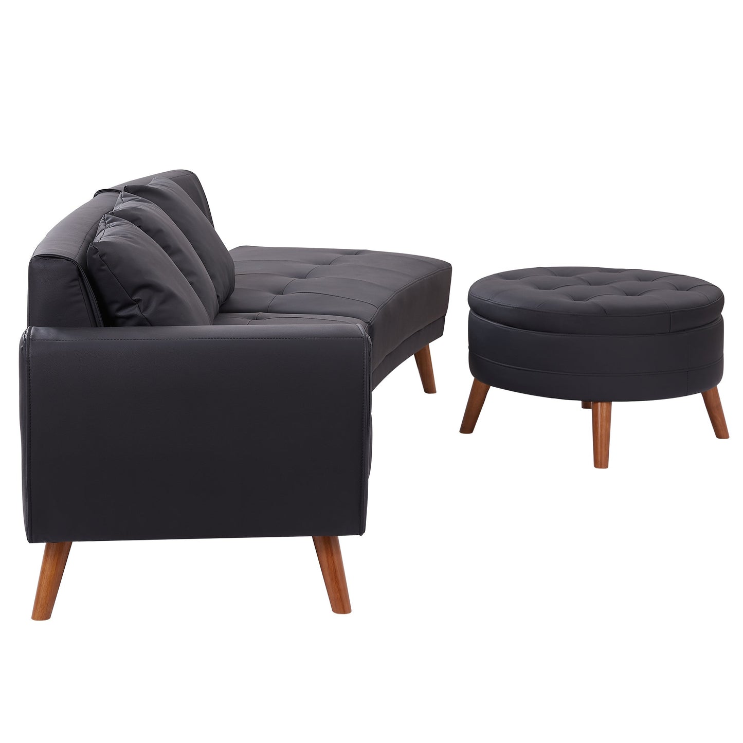 107" Contemporary Sofa Stylish Sofa Couch With a Round Storage Ottoman and Three Removable Pillows for Living Room, Black