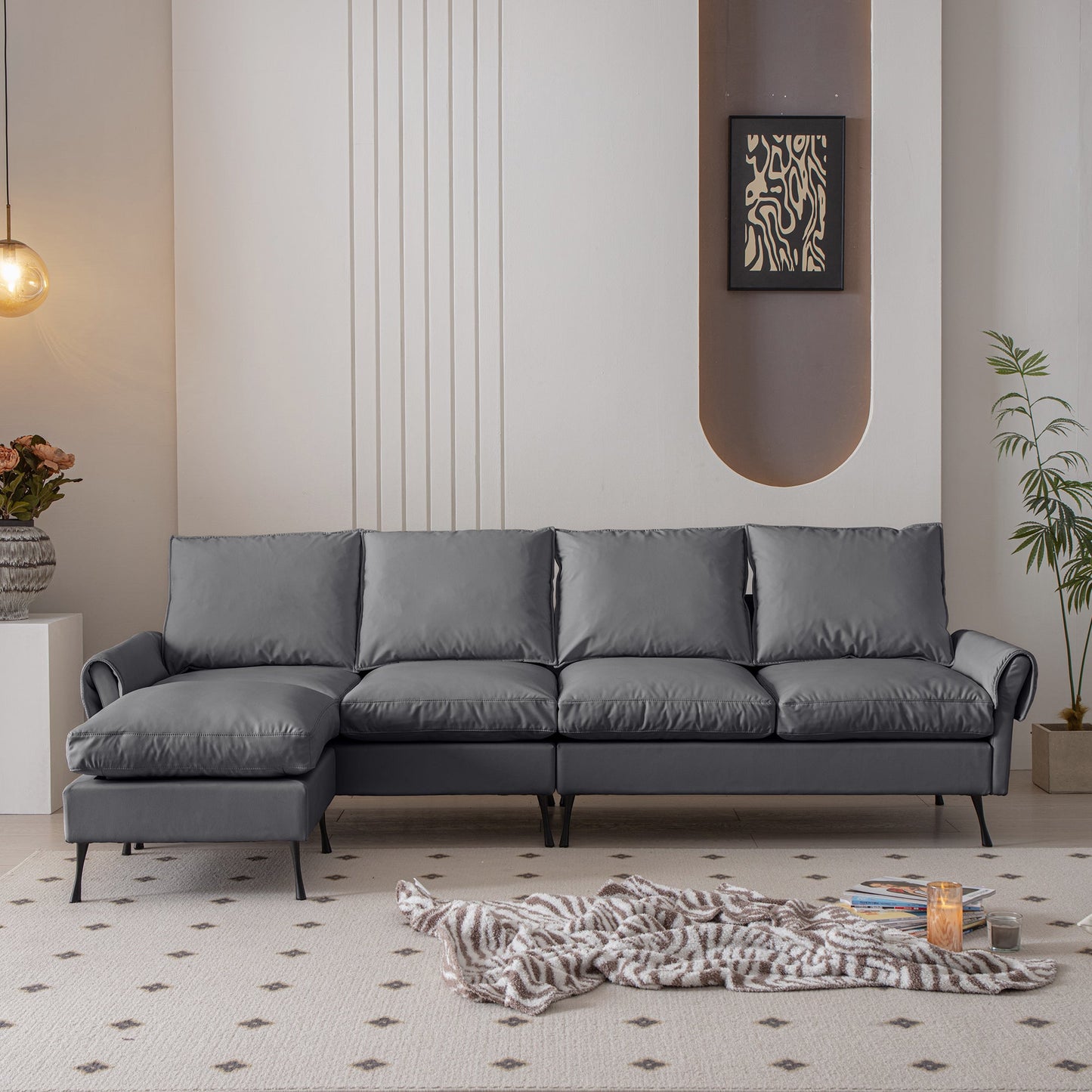 104.5"Modern Sectional Technical Leather L-Shaped Sofa Couch With Convertible Ottoman