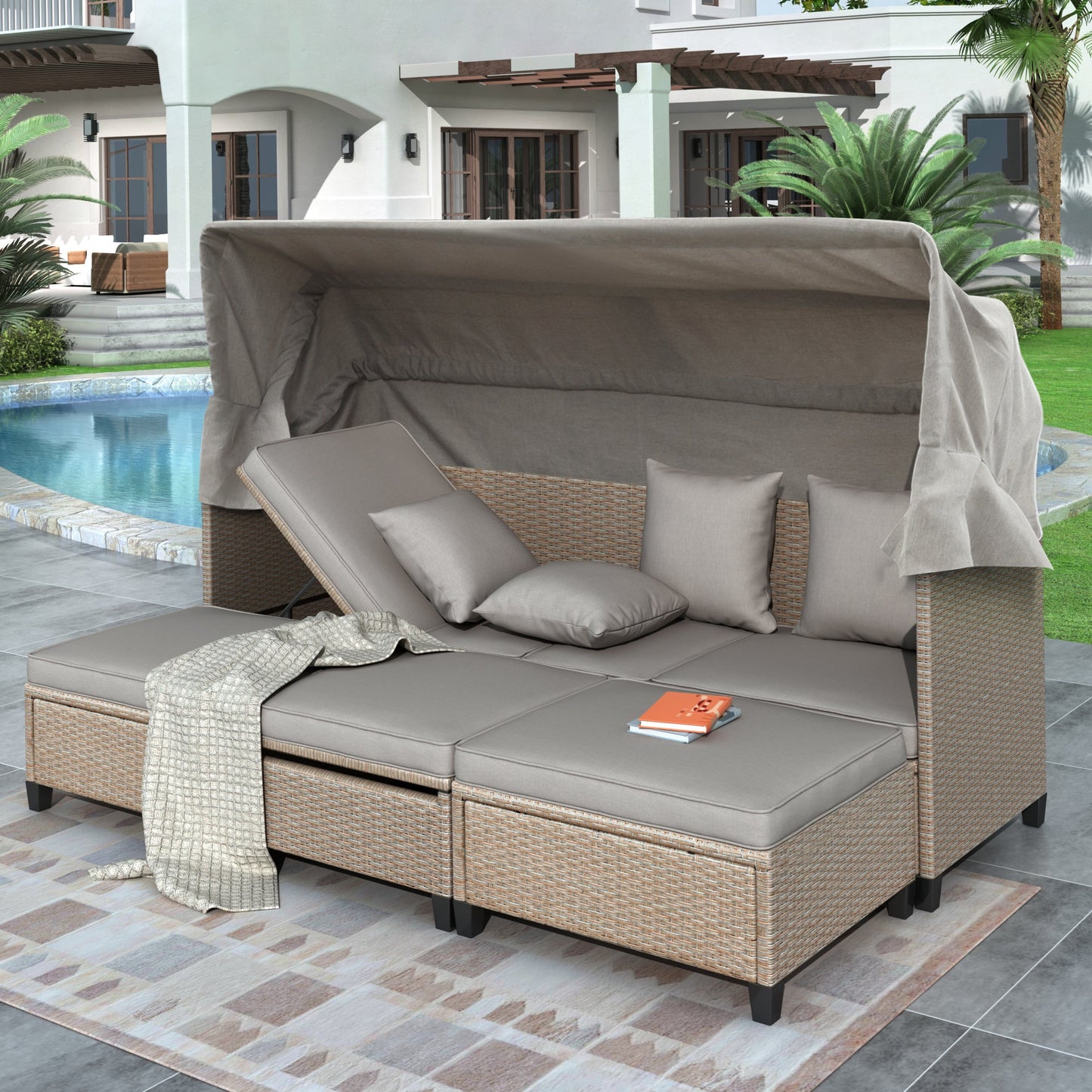 4 Piece UV-Proof Resin Wicker Patio Sofa Set With Retractable Canopy, Cushions and Lifting Table,Brown